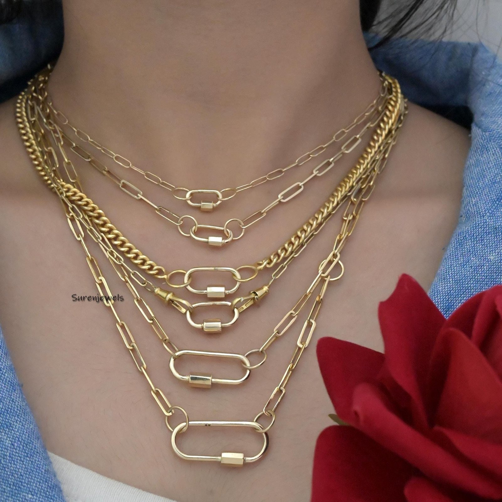 14K Gold Enhancer Charm Lock: Oval Pendant Connector, Charm Holder - View 2 - Suren Jewels | SKU: SJC130-9KYG-16M 14K Gold Enhancer Charm Lock: Oval Pendant Connector, Charm Holder - View 2 - Suren Jewels | SKU: SJC130-9KYG-16M