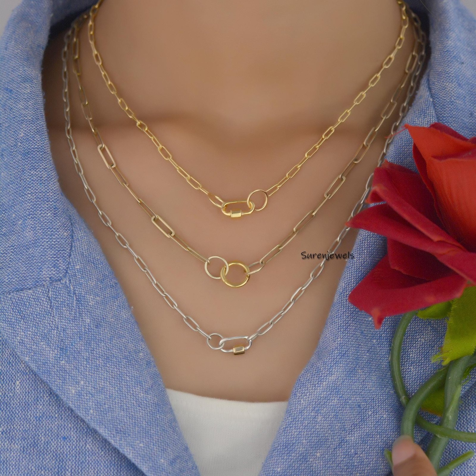 14K Gold Enhancer Charm Lock: Oval Pendant Connector, Charm Holder - View 4 - Suren Jewels | SKU: SJC130-9KYG-16M 14K Gold Enhancer Charm Lock: Oval Pendant Connector, Charm Holder - View 4 - Suren Jewels | SKU: SJC130-9KYG-16M