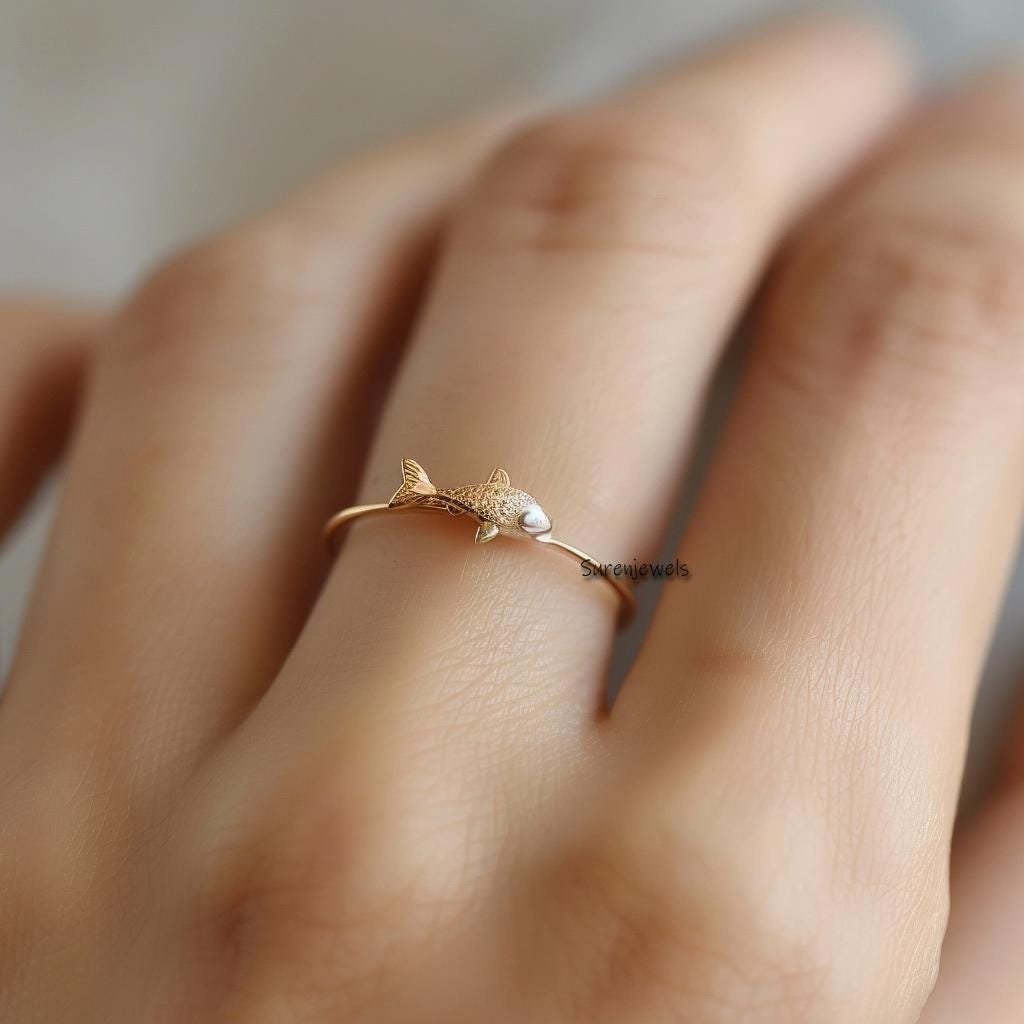 14K Gold Fish Ring: Carved Ichthys Ring for Women - Suren Jewels | SKU: SJR2784-SLYG-US-8 14K Gold Fish Ring: Carved Ichthys Ring for Women - Suren Jewels | SKU: SJR2784-SLYG-US-8