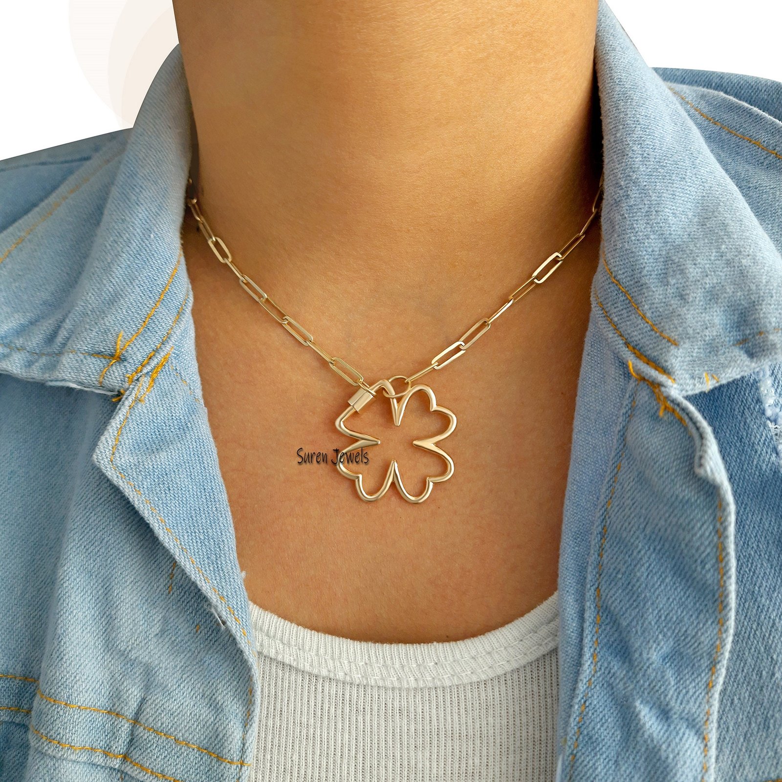 14k Gold Flower Carabiner Lock: Handmade Designer Pendant (30mm) - View 4 - Suren Jewels | SKU: SJC84-SLYG-N47-18I 14k Gold Flower Carabiner Lock: Handmade Designer Pendant (30mm) - View 4 - Suren Jewels | SKU: SJC84-SLYG-N47-18I