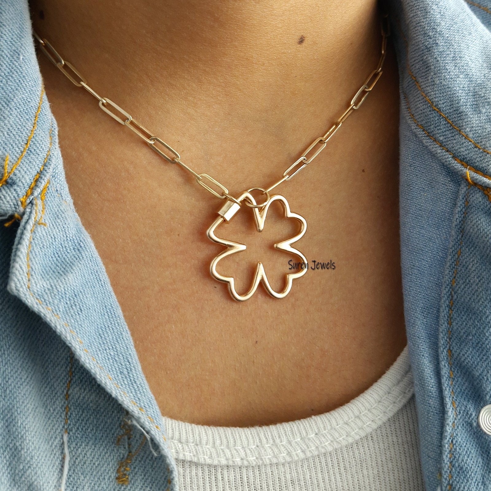 14k Gold Flower Carabiner Lock: Handmade Designer Pendant (30mm) - View 5 - Suren Jewels | SKU: SJC84-SLYG-N47-18I 14k Gold Flower Carabiner Lock: Handmade Designer Pendant (30mm) - View 5 - Suren Jewels | SKU: SJC84-SLYG-N47-18I