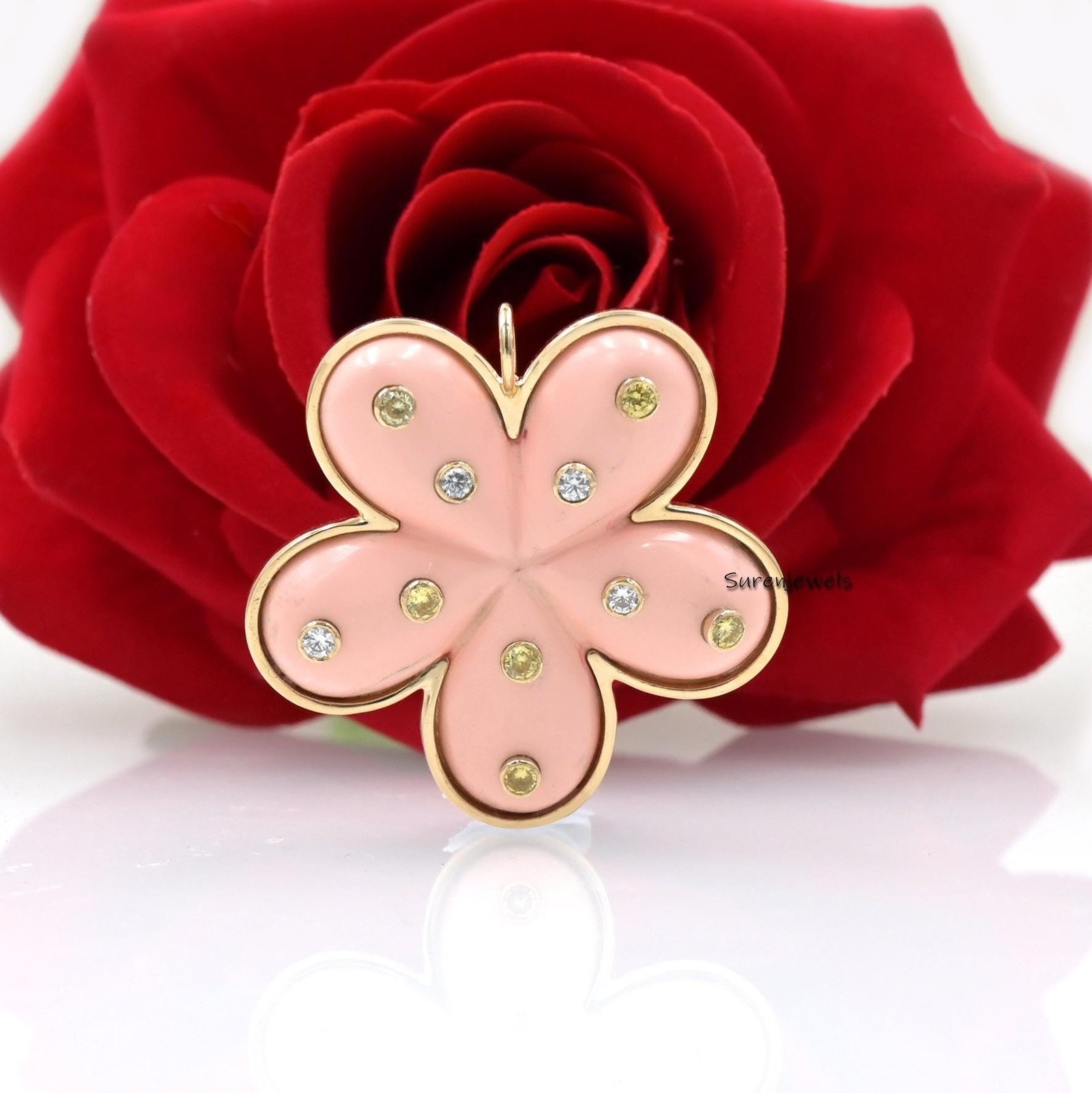 14K Gold Flower Pendant: Hand Carved Gemstone Summer Jewelry - Suren Jewels | SKU: SJP1436-SLYGPOPMTCS-40M 14K Gold Flower Pendant: Hand Carved Gemstone Summer Jewelry - Suren Jewels | SKU: SJP1436-SLYGPOPMTCS-40M
