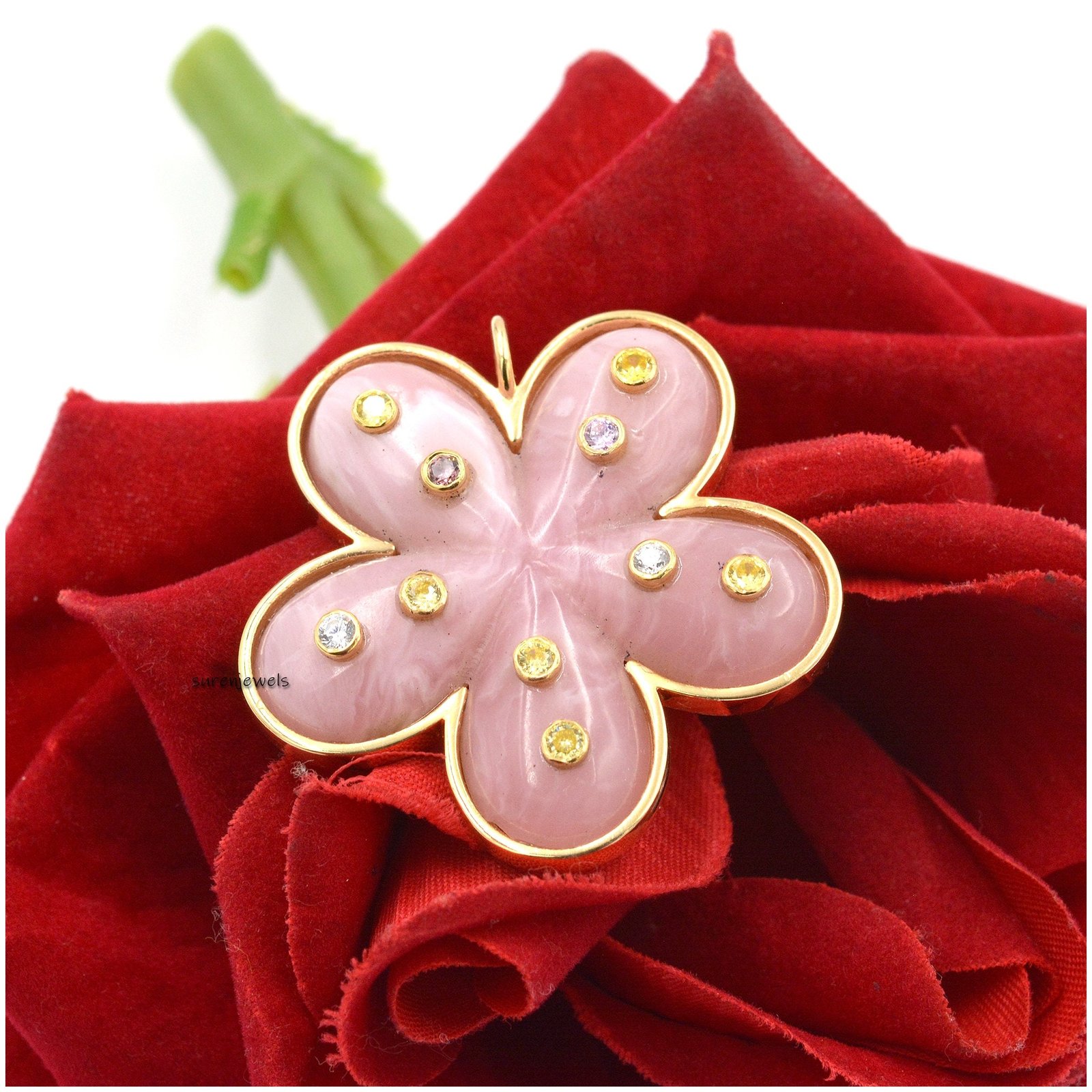 14K Gold Flower Pendant: Hand Carved Gemstone Summer Jewelry - View 2 - Suren Jewels | SKU: SJP1436-SLYGPOPMTCS-40M 14K Gold Flower Pendant: Hand Carved Gemstone Summer Jewelry - View 2 - Suren Jewels | SKU: SJP1436-SLYGPOPMTCS-40M