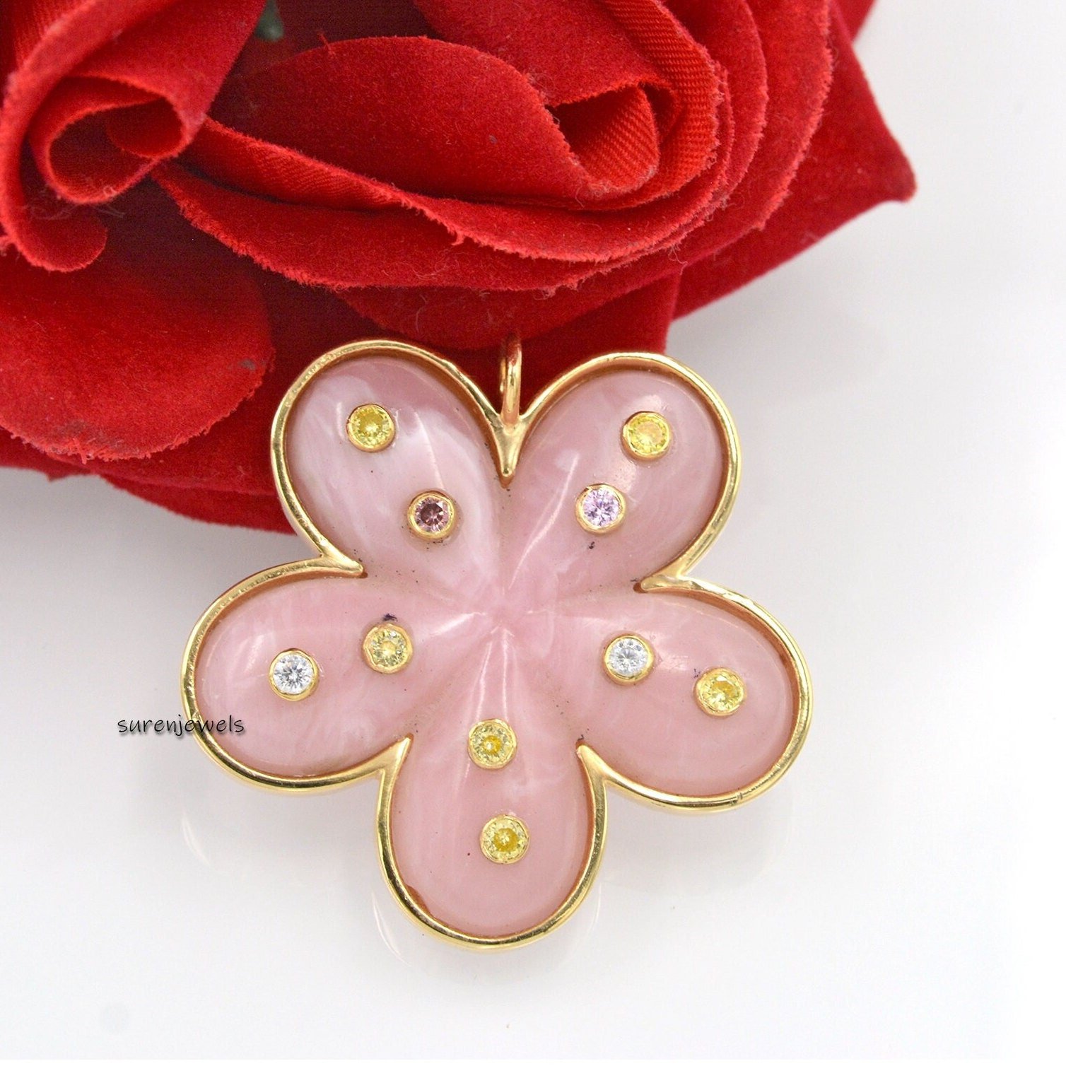 14K Gold Flower Pendant: Hand Carved Gemstone Summer Jewelry - View 3 - Suren Jewels | SKU: SJP1436-SLYGPOPMTCS-40M 14K Gold Flower Pendant: Hand Carved Gemstone Summer Jewelry - View 3 - Suren Jewels | SKU: SJP1436-SLYGPOPMTCS-40M