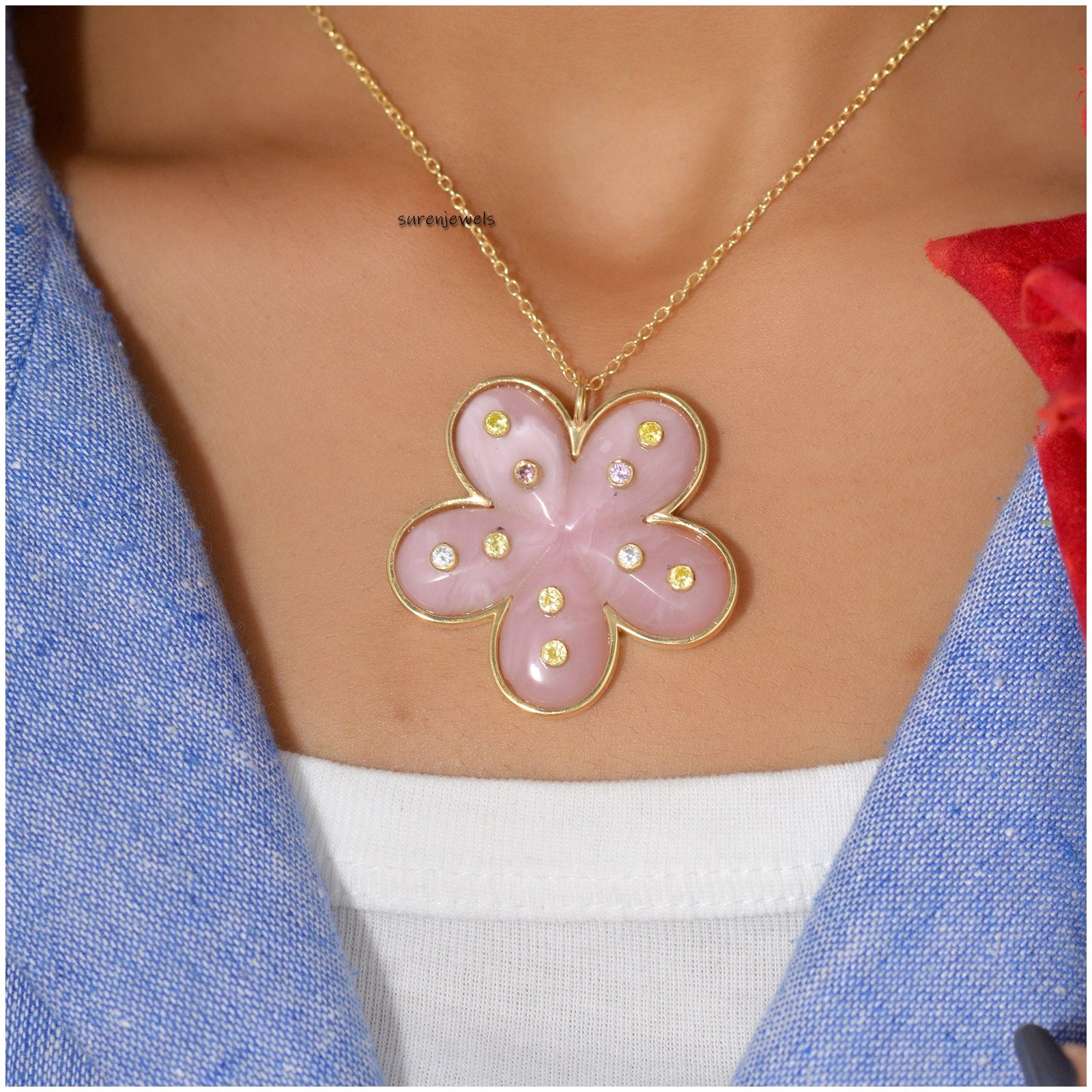 14K Gold Flower Pendant: Hand Carved Gemstone Summer Jewelry - View 5 - Suren Jewels | SKU: SJP1436-SLYGPOPMTCS-40M 14K Gold Flower Pendant: Hand Carved Gemstone Summer Jewelry - View 5 - Suren Jewels | SKU: SJP1436-SLYGPOPMTCS-40M