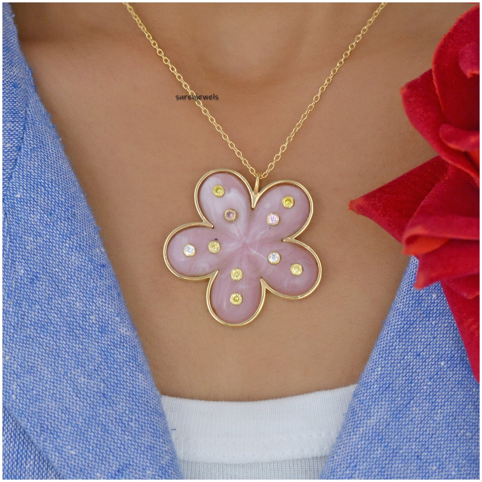 14K Gold Flower Pendant: Hand Carved Gemstone Summer Jewelry - View 6 - Suren Jewels | SKU: SJP1436-SLYGPOPMTCS-40M 14K Gold Flower Pendant: Hand Carved Gemstone Summer Jewelry - View 6 - Suren Jewels | SKU: SJP1436-SLYGPOPMTCS-40M