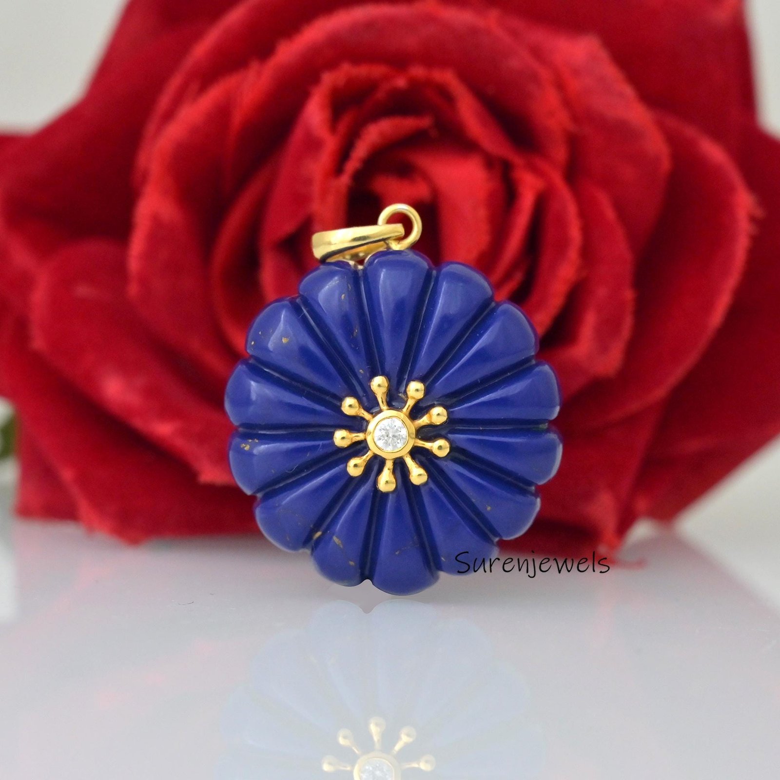 14K Gold Flower Pendant: Opal Blossom, Carved Turquoise Gemstone - Suren Jewels | SKU: SJP1651 14K Gold Flower Pendant: Opal Blossom, Carved Turquoise Gemstone - Suren Jewels | SKU: SJP1651