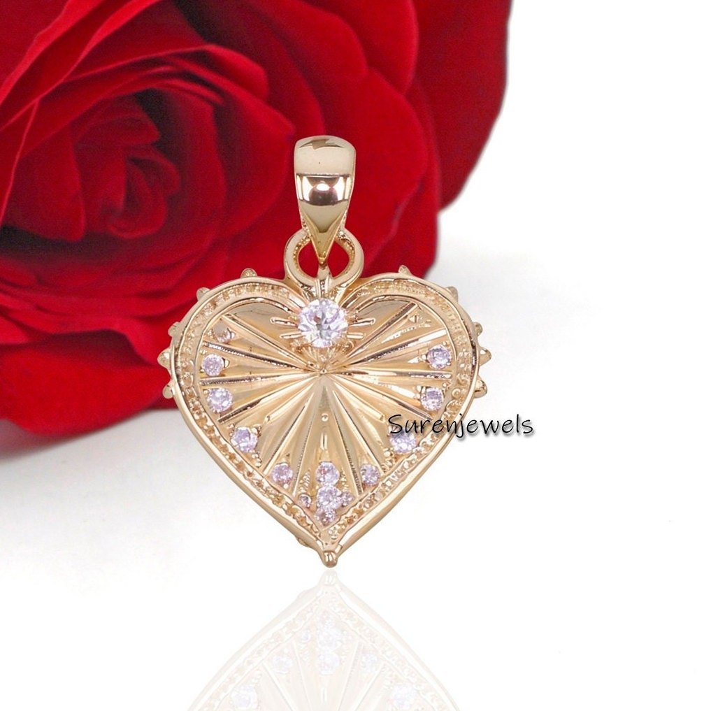 14k Gold Fluted Heart Charm: Diamond Accent Pendant - Suren Jewels | SKU: SJP3416-SLYGCZ-25M 14k Gold Fluted Heart Charm: Diamond Accent Pendant - Suren Jewels | SKU: SJP3416-SLYGCZ-25M