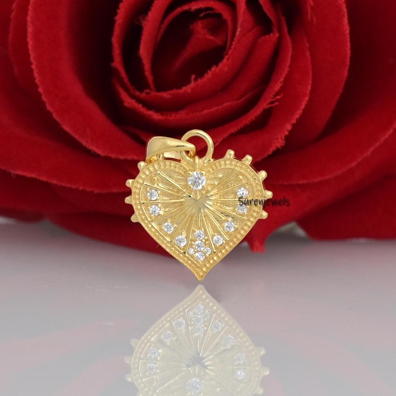 14k Gold Fluted Heart Charm: Diamond Accent Pendant - View 2 - Suren Jewels | SKU: SJP3416-SLYGCZ-25M 14k Gold Fluted Heart Charm: Diamond Accent Pendant - View 2 - Suren Jewels | SKU: SJP3416-SLYGCZ-25M