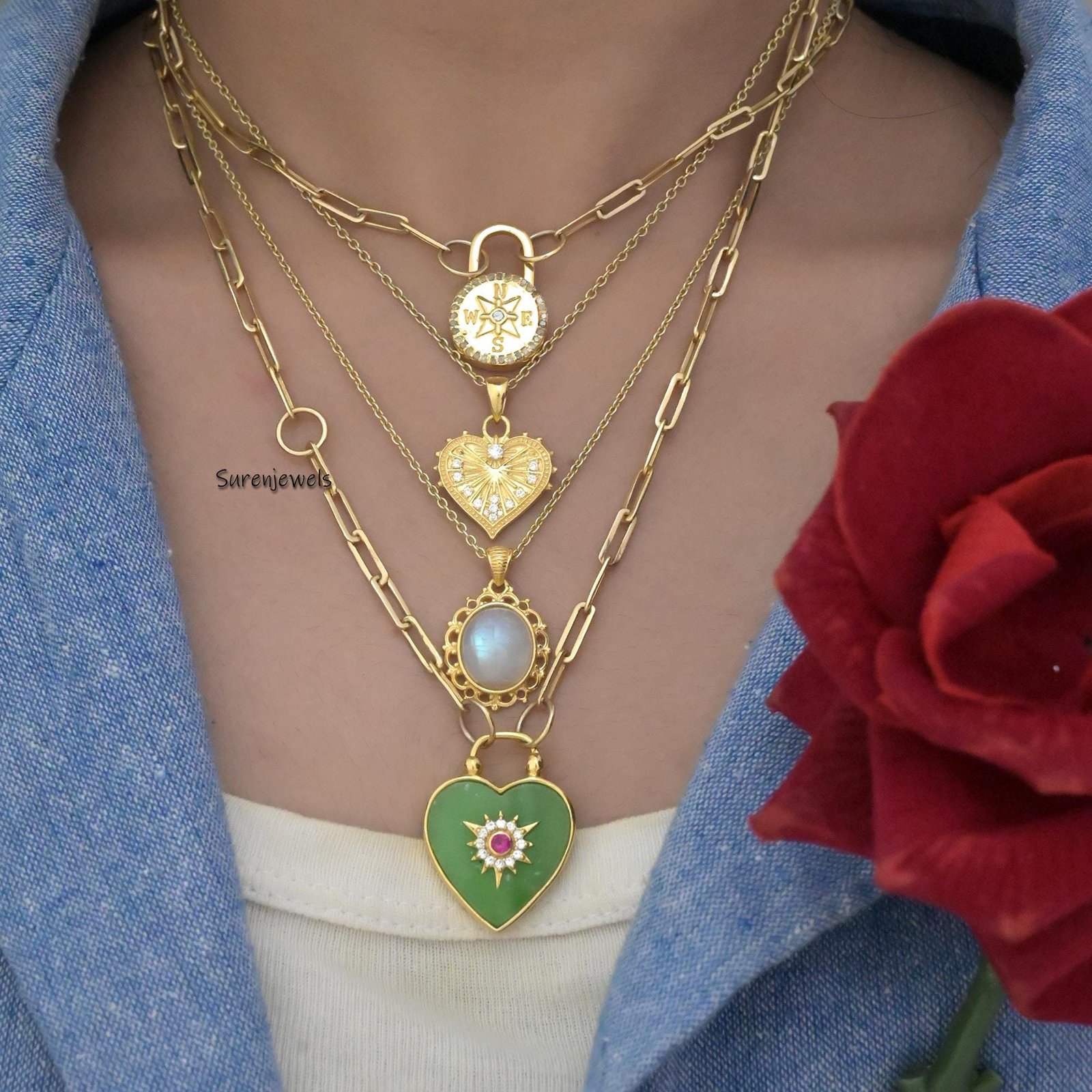 14k Gold Fluted Heart Charm: Diamond Accent Pendant - View 3 - Suren Jewels | SKU: SJP3416-SLYGCZ-25M 14k Gold Fluted Heart Charm: Diamond Accent Pendant - View 3 - Suren Jewels | SKU: SJP3416-SLYGCZ-25M
