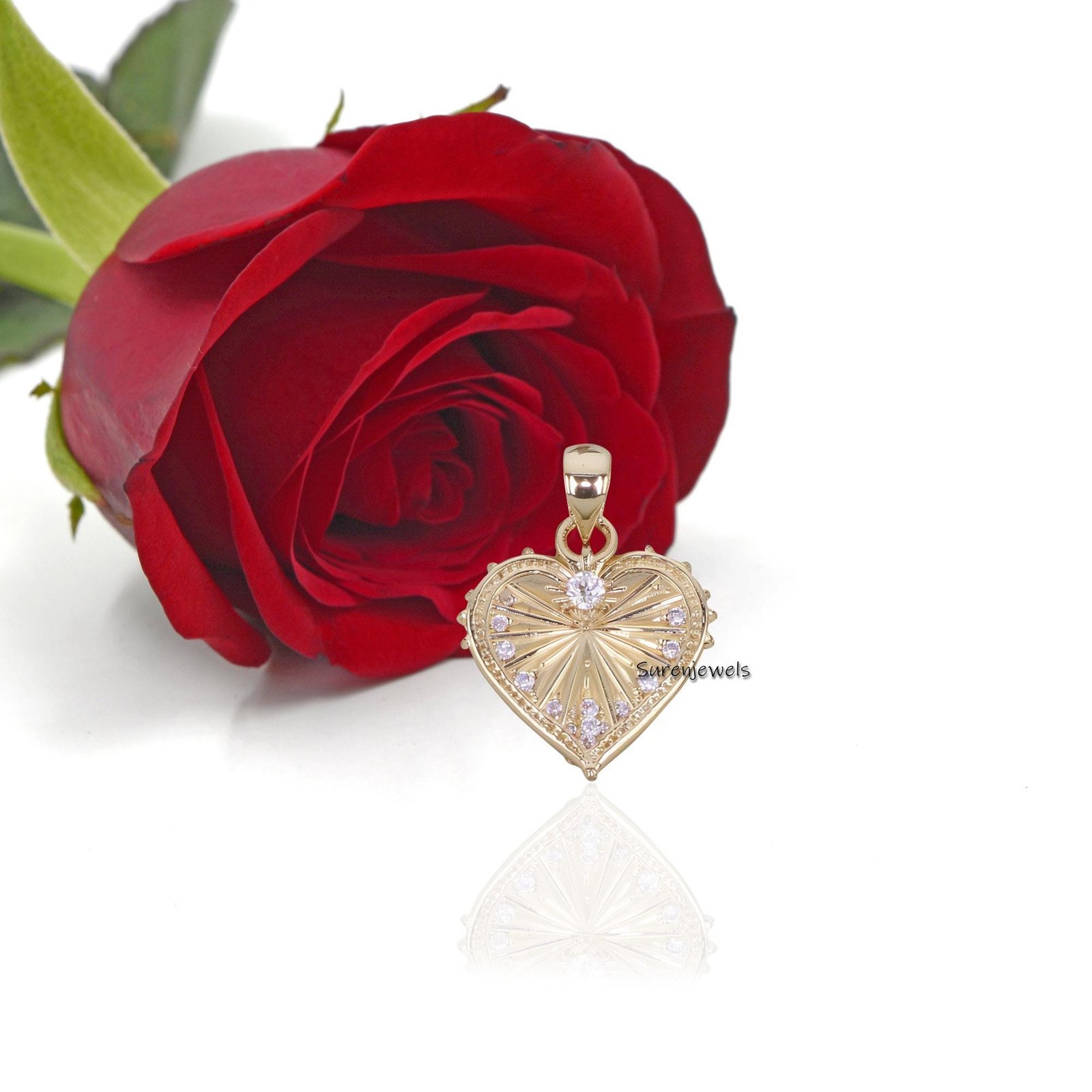 14k Gold Fluted Heart Charm: Diamond Accent Pendant - View 4 - Suren Jewels | SKU: SJP3416-SLYGCZ-25M 14k Gold Fluted Heart Charm: Diamond Accent Pendant - View 4 - Suren Jewels | SKU: SJP3416-SLYGCZ-25M