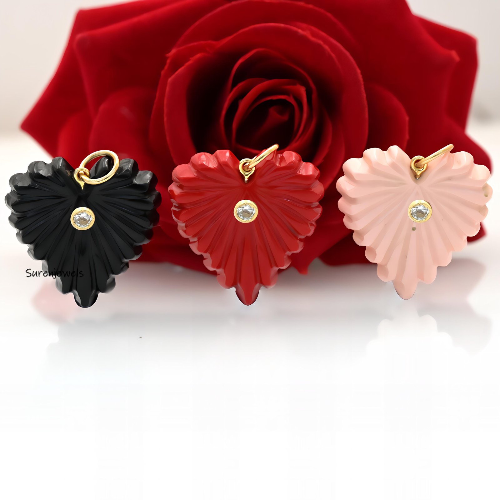 14K Gold Fluted Heart Pendant, Gemstone Charm - Suren Jewels | SKU: SJP3358 14K Gold Fluted Heart Pendant, Gemstone Charm - Suren Jewels | SKU: SJP3358