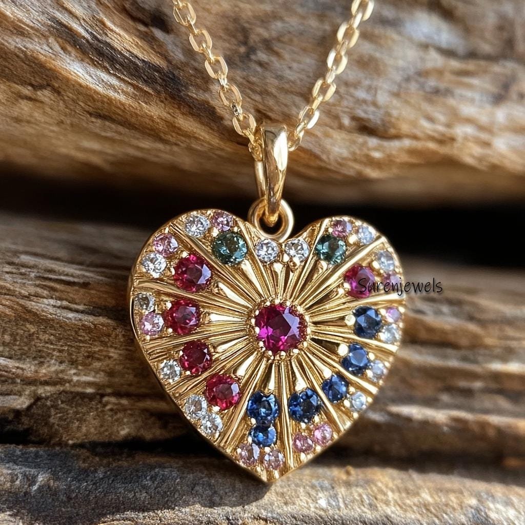 14K Gold Fluted Heart Pendant: Multi Gemstone Sunburst Design - Suren Jewels | SKU: SJP4459-SLYGMG-25M,SJP4729-SLYGRUCZ-25M,S 14K Gold Fluted Heart Pendant: Multi Gemstone Sunburst Design - Suren Jewels | SKU: SJP4459-SLYGMG-25M,SJP4729-SLYGRUCZ-25M,S