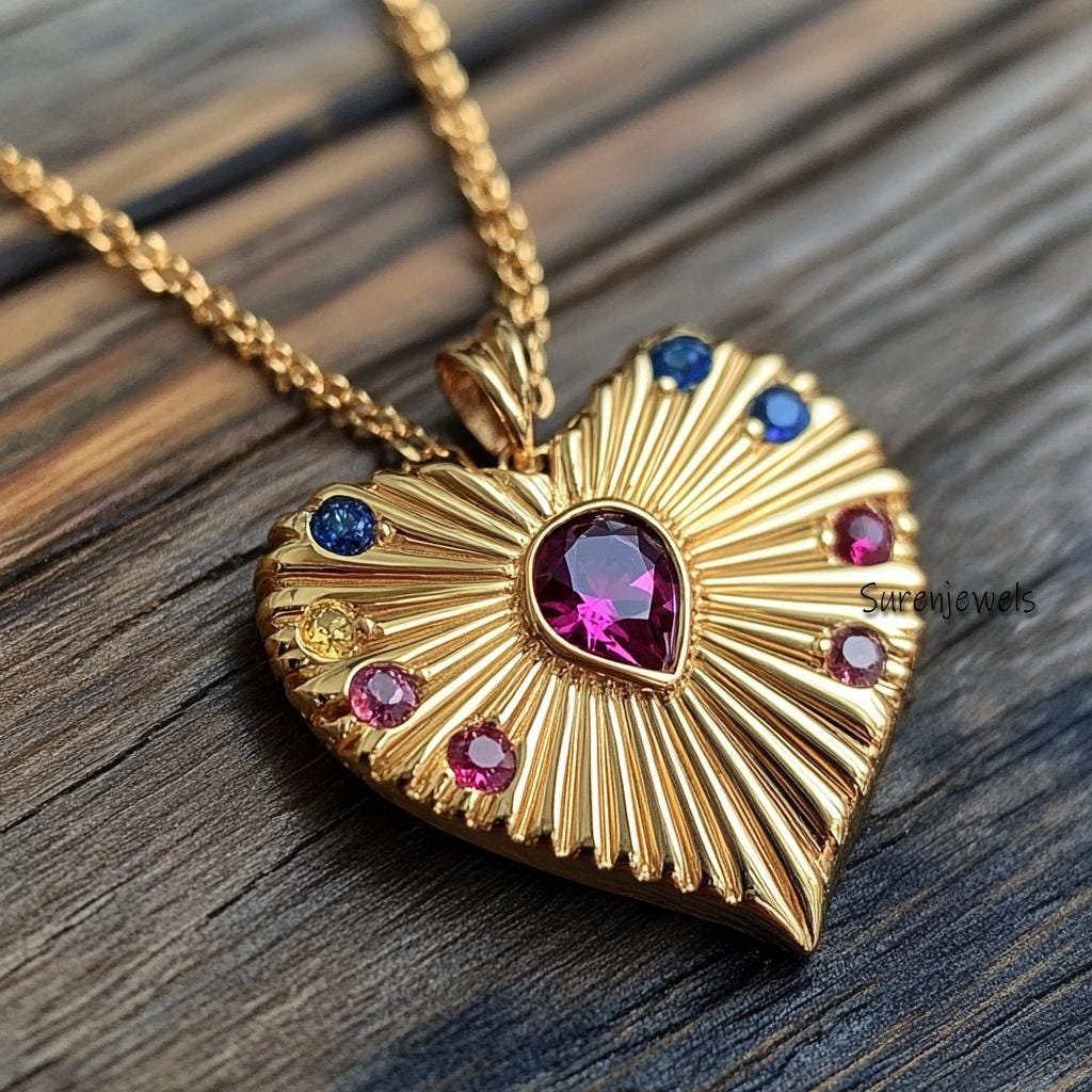 14K Gold Fluted Heart Pendant: Multi Gemstone Sunburst Design - View 2 - Suren Jewels | SKU: SJP4459-SLYGMG-25M,SJP4729-SLYGR 14K Gold Fluted Heart Pendant: Multi Gemstone Sunburst Design - View 2 - Suren Jewels | SKU: SJP4459-SLYGMG-25M,SJP4729-SLYGR