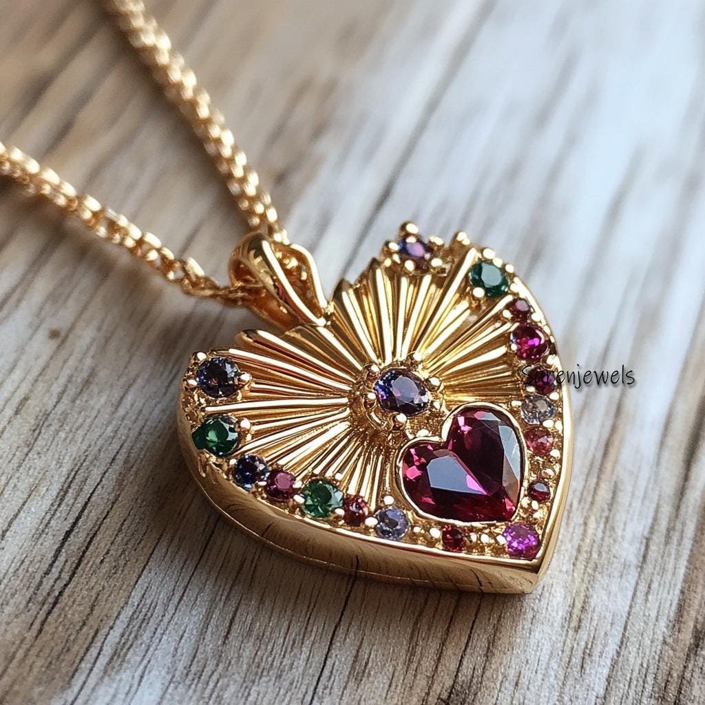 14K Gold Fluted Heart Pendant: Multi Gemstone Sunburst Design - View 3 - Suren Jewels | SKU: SJP4459-SLYGMG-25M,SJP4729-SLYGR 14K Gold Fluted Heart Pendant: Multi Gemstone Sunburst Design - View 3 - Suren Jewels | SKU: SJP4459-SLYGMG-25M,SJP4729-SLYGR