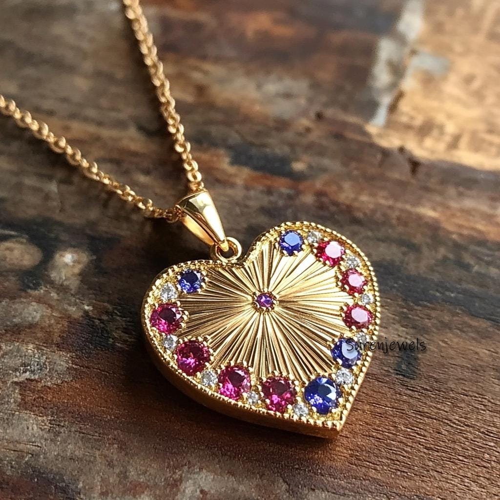 14K Gold Fluted Heart Pendant: Multi Gemstone Sunburst Design - View 4 - Suren Jewels | SKU: SJP4459-SLYGMG-25M,SJP4729-SLYGR 14K Gold Fluted Heart Pendant: Multi Gemstone Sunburst Design - View 4 - Suren Jewels | SKU: SJP4459-SLYGMG-25M,SJP4729-SLYGR