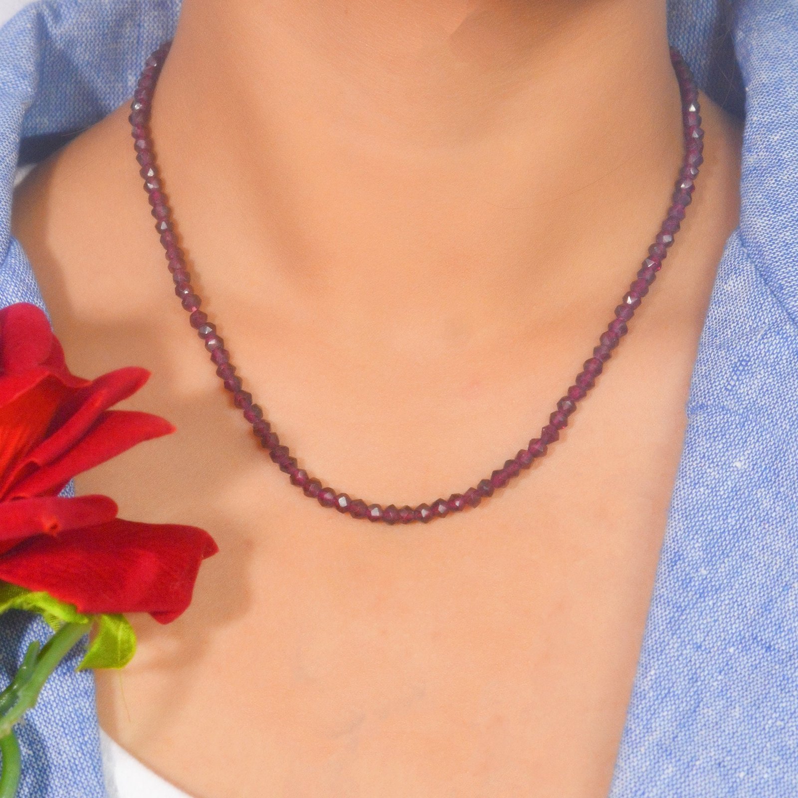 14k Gold Garnet Beads Carabiner Chain Necklace - View 3 - Suren Jewels | SKU: SJN247-SLYGOPL 14k Gold Garnet Beads Carabiner Chain Necklace - View 3 - Suren Jewels | SKU: SJN247-SLYGOPL