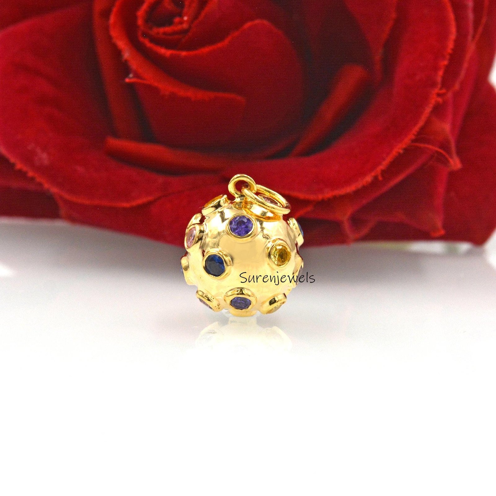 14k Gold Gemstone Ball Pendant: Diamond Star Design, Handmade - Suren Jewels | SKU: SJP1488-SLNSMT-25M 14k Gold Gemstone Ball Pendant: Diamond Star Design, Handmade - Suren Jewels | SKU: SJP1488-SLNSMT-25M