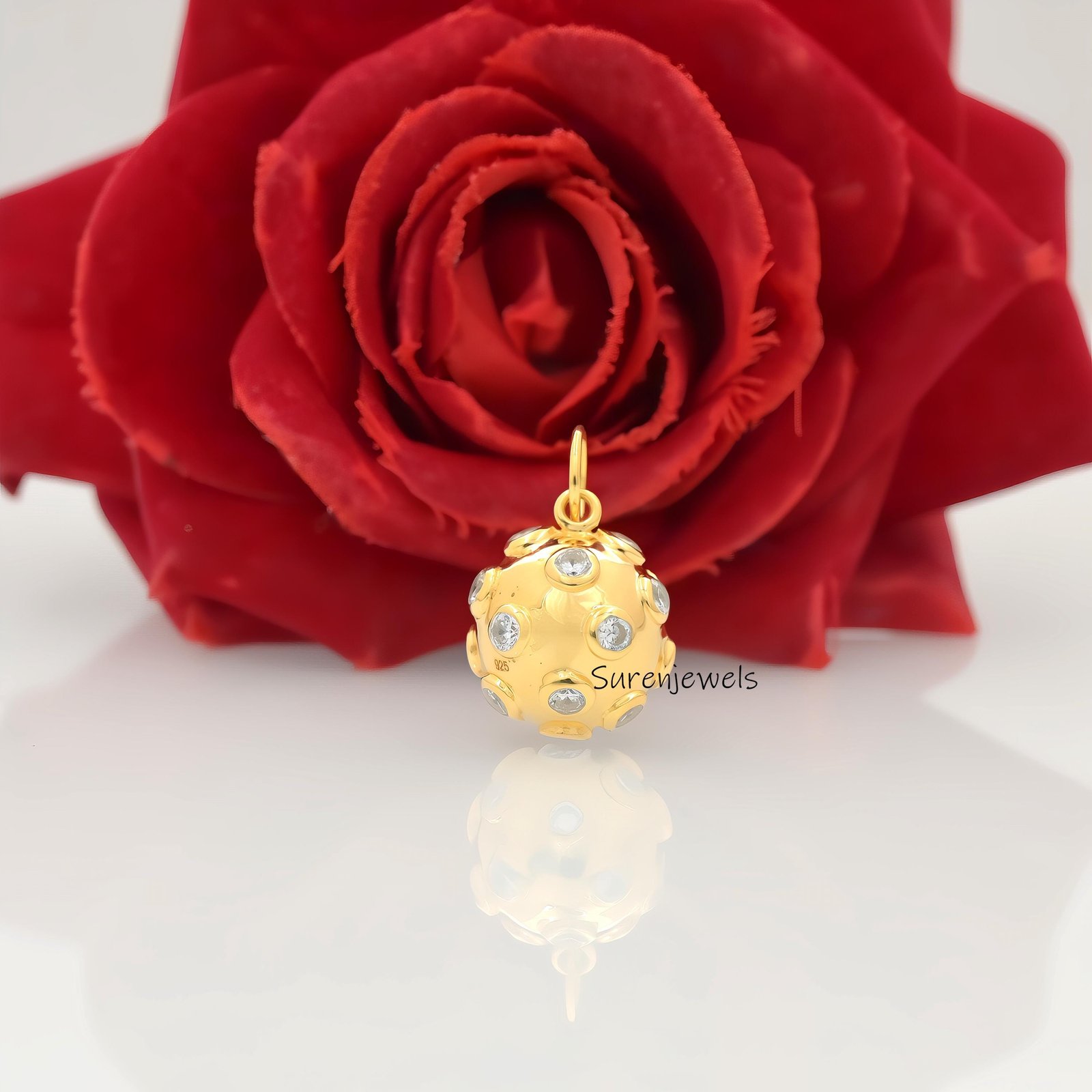 14k Gold Gemstone Ball Pendant: Diamond Star Design, Handmade - View 2 - Suren Jewels | SKU: SJP1488-SLNSMT-25M 14k Gold Gemstone Ball Pendant: Diamond Star Design, Handmade - View 2 - Suren Jewels | SKU: SJP1488-SLNSMT-25M