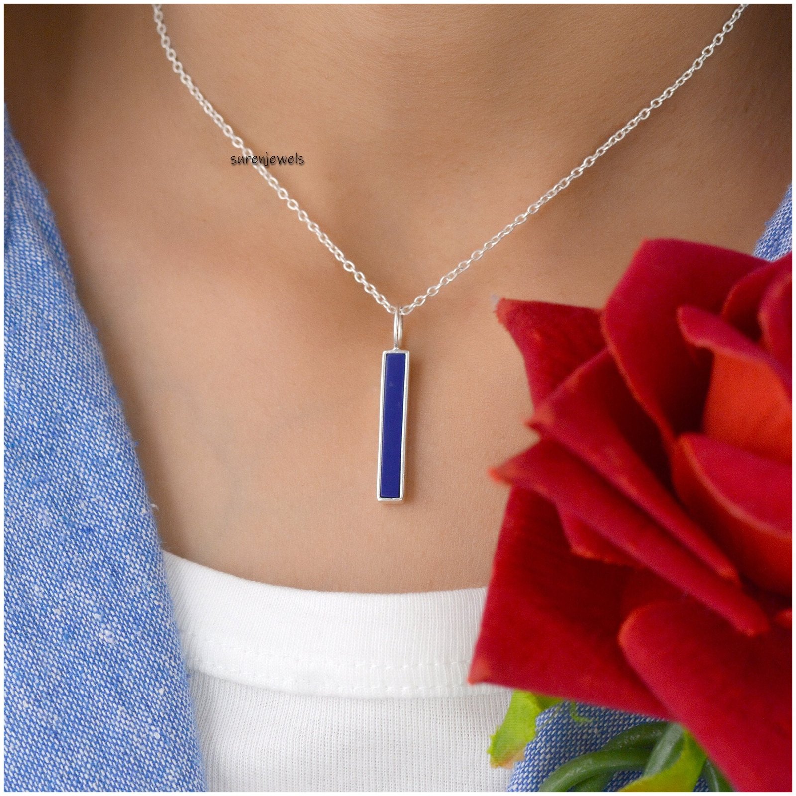 14k Gold Gemstone Bar Pendant: Lapis Lazuli or Turquoise - Suren Jewels | SKU: SJP1438-SLNSLPZ 14k Gold Gemstone Bar Pendant: Lapis Lazuli or Turquoise - Suren Jewels | SKU: SJP1438-SLNSLPZ