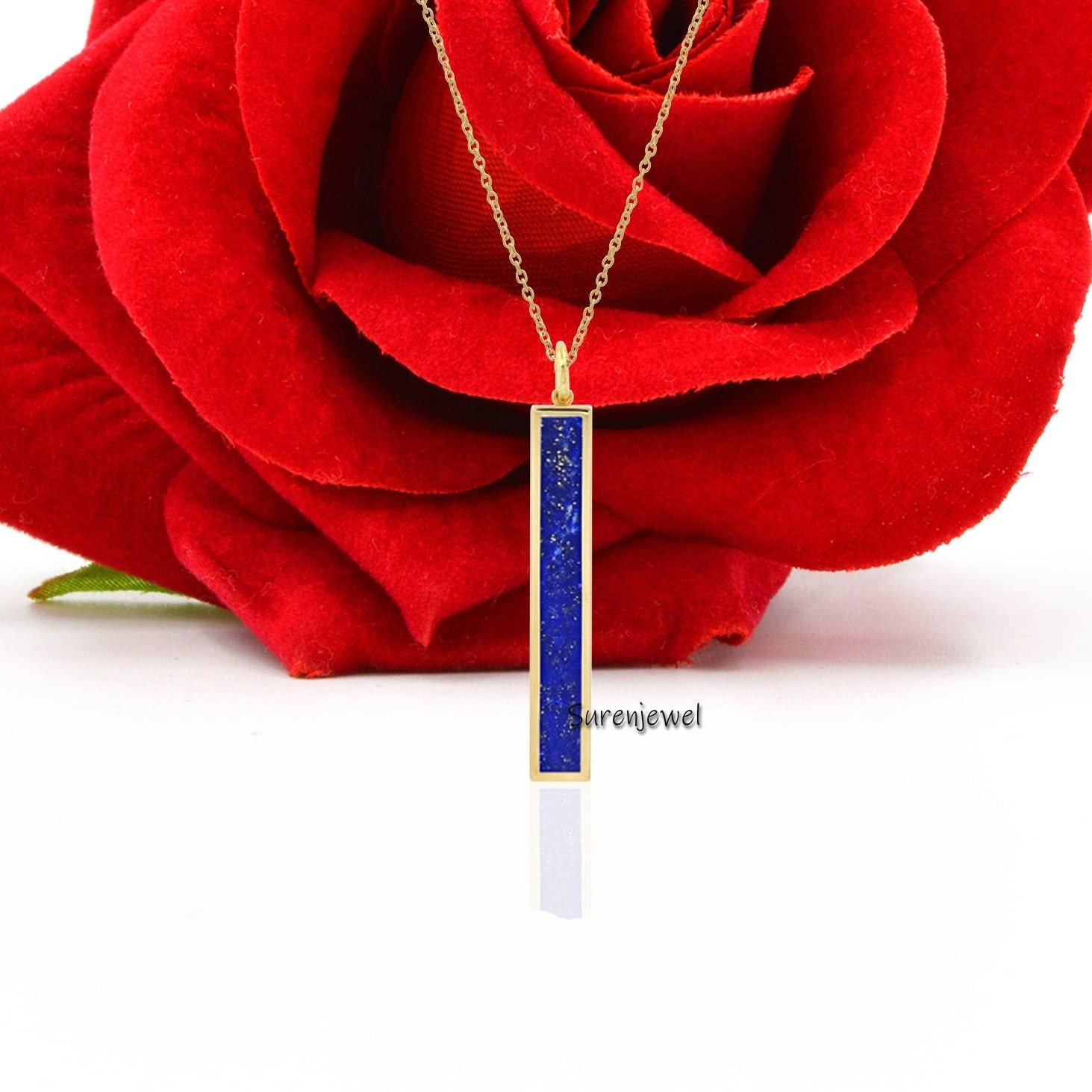 14k Gold Gemstone Bar Pendant: Lapis Lazuli or Turquoise - View 4 - Suren Jewels | SKU: SJP1438-SLNSLPZ 14k Gold Gemstone Bar Pendant: Lapis Lazuli or Turquoise - View 4 - Suren Jewels | SKU: SJP1438-SLNSLPZ