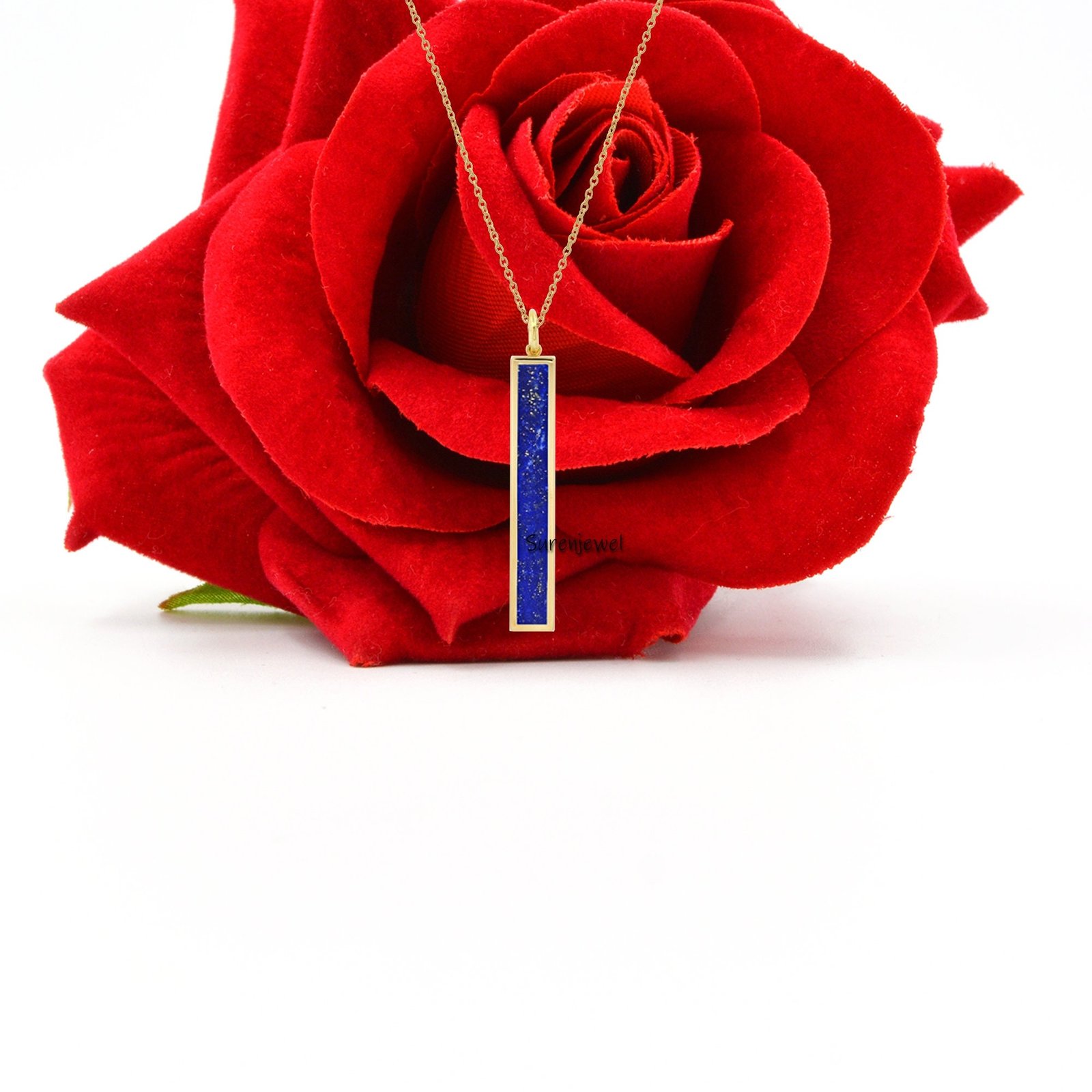 14k Gold Gemstone Bar Pendant: Lapis Lazuli or Turquoise - View 5 - Suren Jewels | SKU: SJP1438-SLNSLPZ 14k Gold Gemstone Bar Pendant: Lapis Lazuli or Turquoise - View 5 - Suren Jewels | SKU: SJP1438-SLNSLPZ