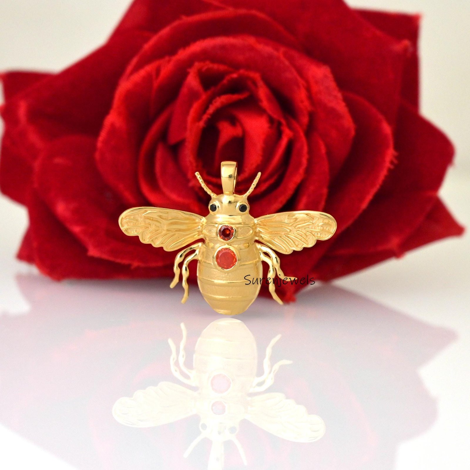 14k Gold Gemstone Bee Pendant: Dainty Carved Honey Bee Charm - Suren Jewels | SKU: SJP4933-SLYGGTBKCZ-30M,SJP4934-SLYG-25M 14k Gold Gemstone Bee Pendant: Dainty Carved Honey Bee Charm - Suren Jewels | SKU: SJP4933-SLYGGTBKCZ-30M,SJP4934-SLYG-25M