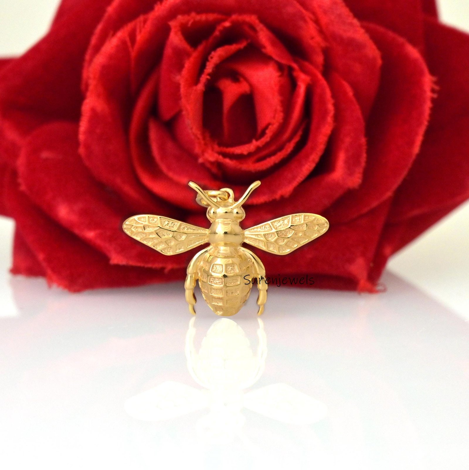 14k Gold Gemstone Bee Pendant: Dainty Carved Honey Bee Charm - View 2 - Suren Jewels | SKU: SJP4933-SLYGGTBKCZ-30M,SJP4934-SL 14k Gold Gemstone Bee Pendant: Dainty Carved Honey Bee Charm - View 2 - Suren Jewels | SKU: SJP4933-SLYGGTBKCZ-30M,SJP4934-SL