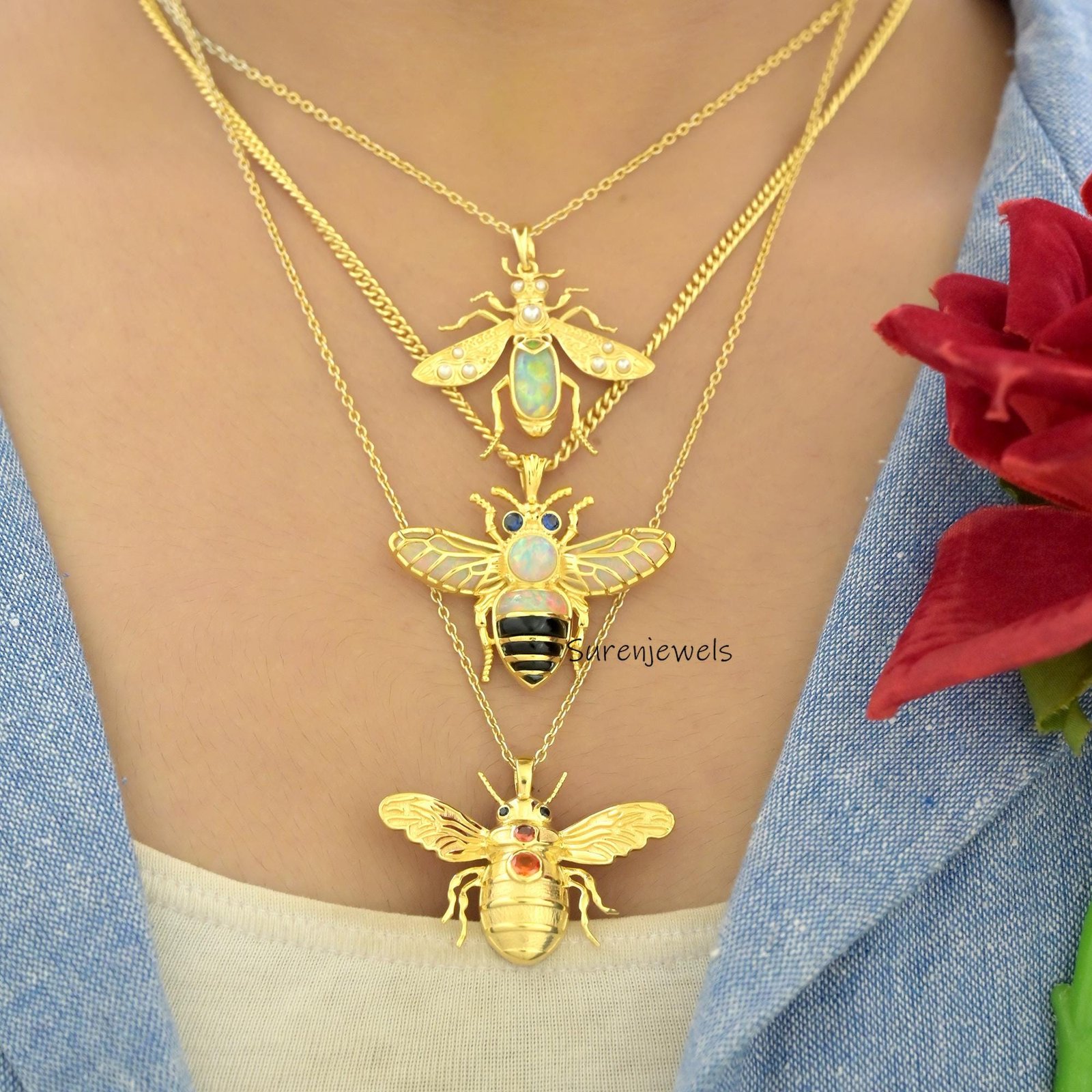 14k Gold Gemstone Bee Pendant: Dainty Carved Honey Bee Charm - View 3 - Suren Jewels | SKU: SJP4933-SLYGGTBKCZ-30M,SJP4934-SL 14k Gold Gemstone Bee Pendant: Dainty Carved Honey Bee Charm - View 3 - Suren Jewels | SKU: SJP4933-SLYGGTBKCZ-30M,SJP4934-SL