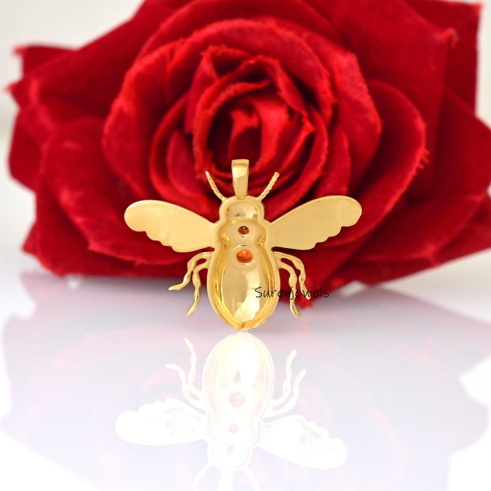 14k Gold Gemstone Bee Pendant: Dainty Carved Honey Bee Charm - View 4 - Suren Jewels | SKU: SJP4933-SLYGGTBKCZ-30M,SJP4934-SL 14k Gold Gemstone Bee Pendant: Dainty Carved Honey Bee Charm - View 4 - Suren Jewels | SKU: SJP4933-SLYGGTBKCZ-30M,SJP4934-SL