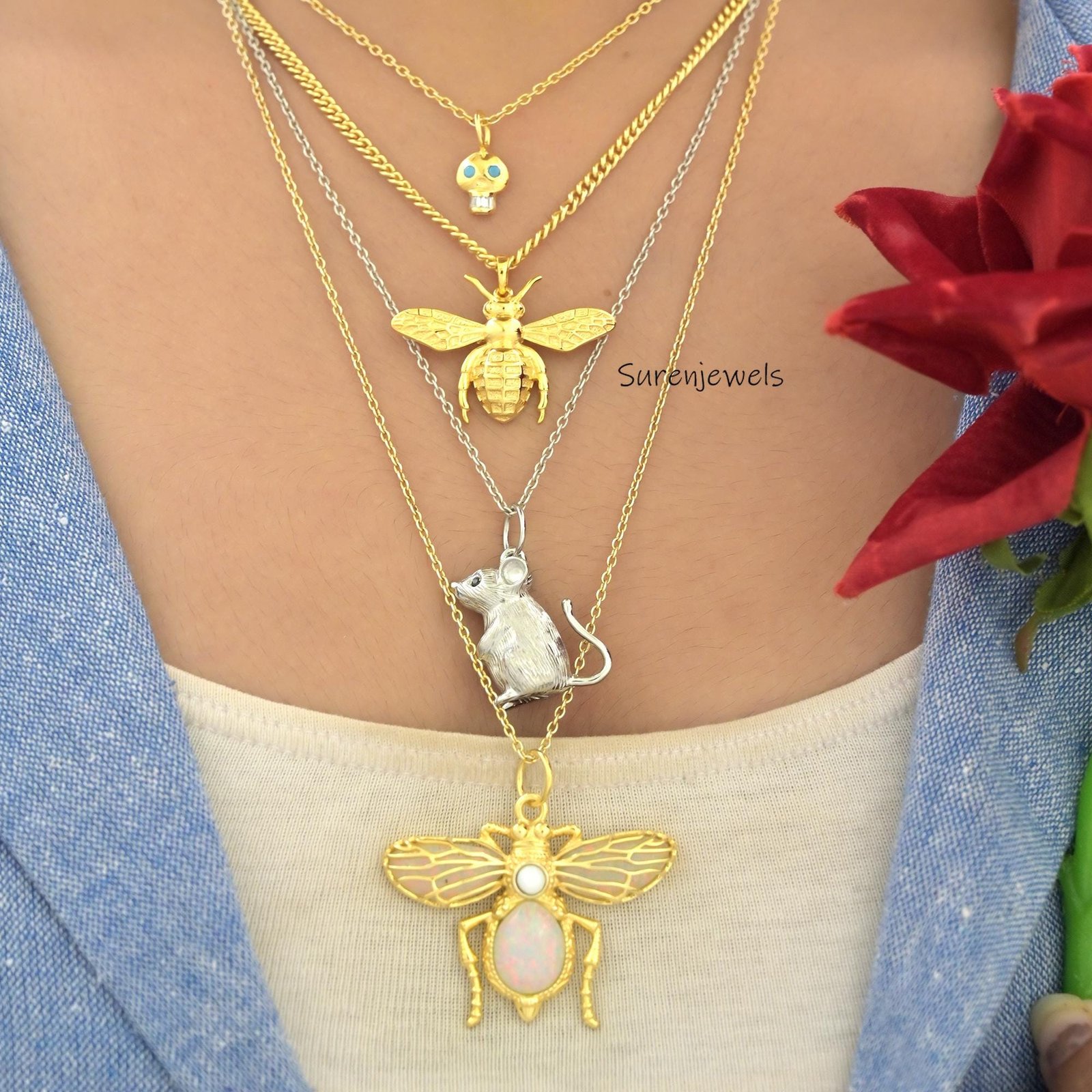 14k Gold Gemstone Bee Pendant: Dainty Carved Honey Bee Charm - View 5 - Suren Jewels | SKU: SJP4933-SLYGGTBKCZ-30M,SJP4934-SL 14k Gold Gemstone Bee Pendant: Dainty Carved Honey Bee Charm - View 5 - Suren Jewels | SKU: SJP4933-SLYGGTBKCZ-30M,SJP4934-SL