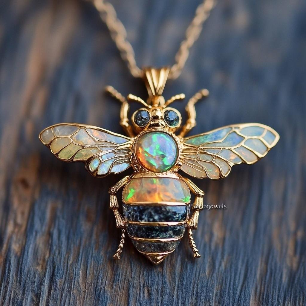 14k Gold Gemstone Bee Pendant: Dainty Opal Honey Bee Charm - Suren Jewels | SKU: SJP4476-SLYGMK-30M,SJP4442-SLRGEOOPBKOPBCZ-3 14k Gold Gemstone Bee Pendant: Dainty Opal Honey Bee Charm - Suren Jewels | SKU: SJP4476-SLYGMK-30M,SJP4442-SLRGEOOPBKOPBCZ-3