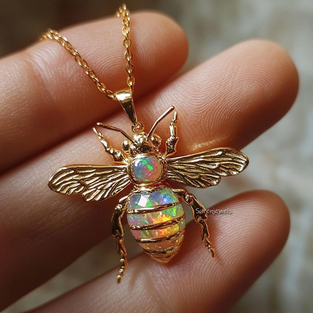 14k Gold Gemstone Bee Pendant: Dainty Opal Honey Bee Charm - View 2 - Suren Jewels | SKU: SJP4476-SLYGMK-30M,SJP4442-SLRGEOOP 14k Gold Gemstone Bee Pendant: Dainty Opal Honey Bee Charm - View 2 - Suren Jewels | SKU: SJP4476-SLYGMK-30M,SJP4442-SLRGEOOP