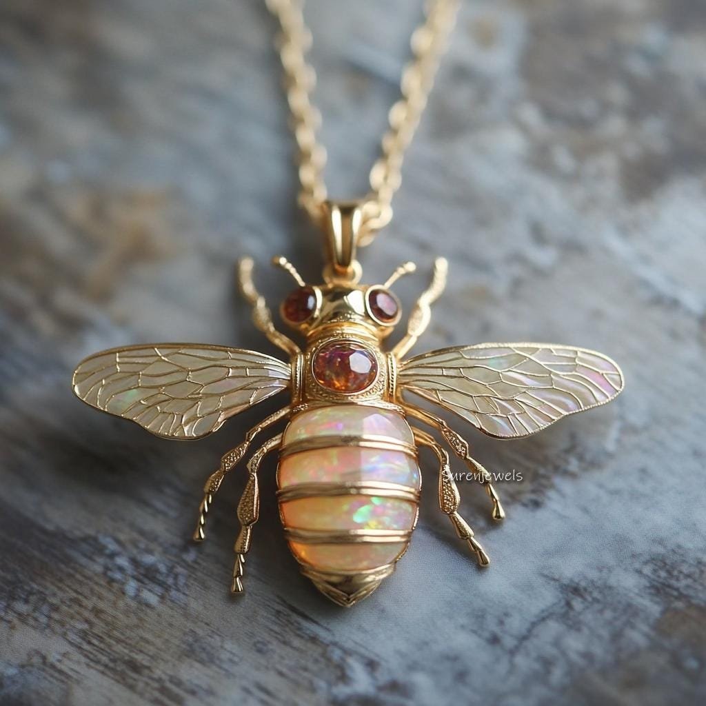 14k Gold Gemstone Bee Pendant: Dainty Opal Honey Bee Charm - View 3 - Suren Jewels | SKU: SJP4476-SLYGMK-30M,SJP4442-SLRGEOOP 14k Gold Gemstone Bee Pendant: Dainty Opal Honey Bee Charm - View 3 - Suren Jewels | SKU: SJP4476-SLYGMK-30M,SJP4442-SLRGEOOP