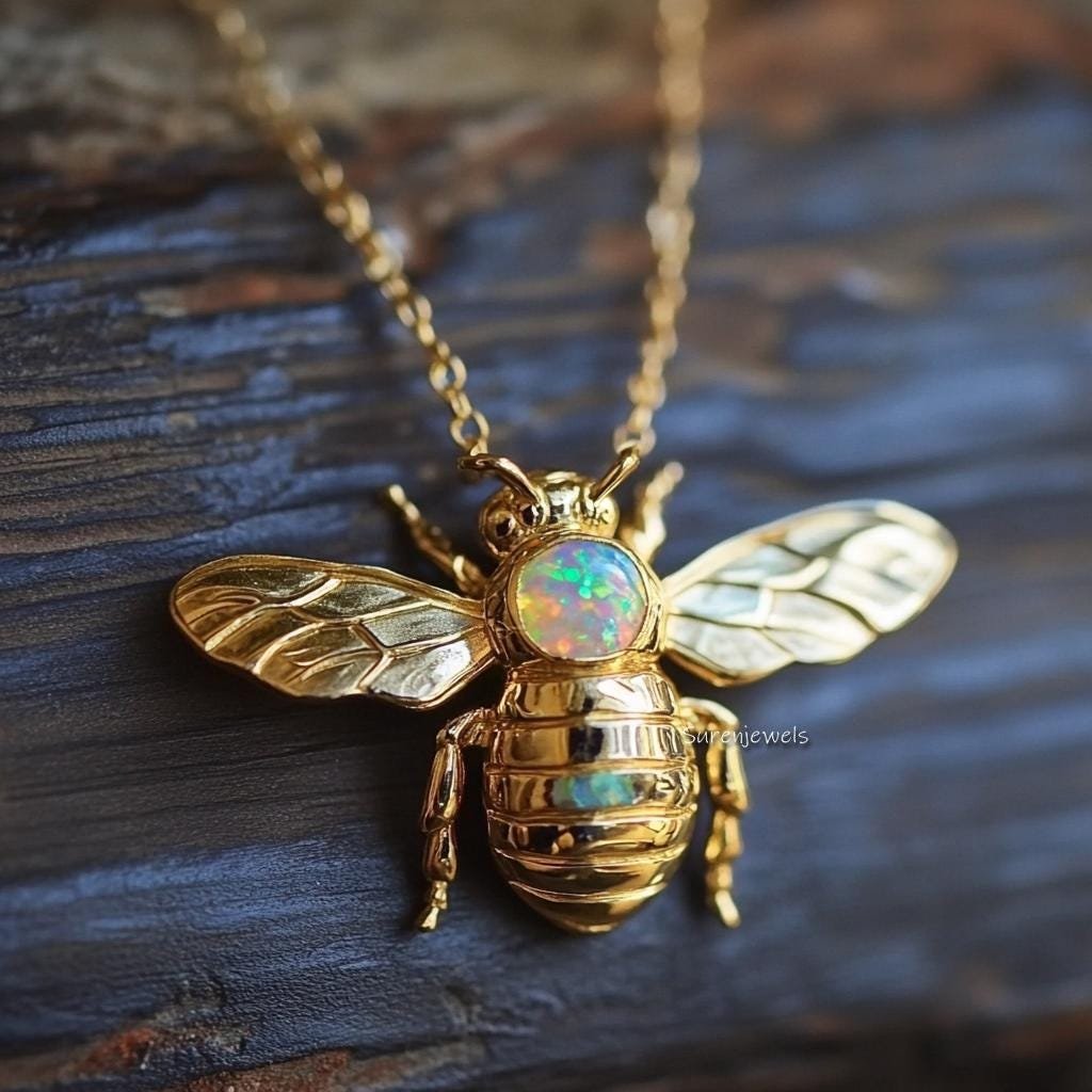 14k Gold Gemstone Bee Pendant: Dainty Opal Honey Bee Charm - View 4 - Suren Jewels | SKU: SJP4476-SLYGMK-30M,SJP4442-SLRGEOOP 14k Gold Gemstone Bee Pendant: Dainty Opal Honey Bee Charm - View 4 - Suren Jewels | SKU: SJP4476-SLYGMK-30M,SJP4442-SLRGEOOP