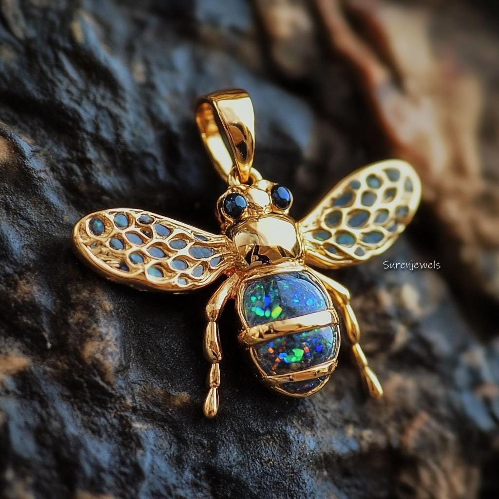 14k Gold Gemstone Bee Pendant: Dainty Opal Honey Bee Charm - View 5 - Suren Jewels | SKU: SJP4476-SLYGMK-30M,SJP4442-SLRGEOOP 14k Gold Gemstone Bee Pendant: Dainty Opal Honey Bee Charm - View 5 - Suren Jewels | SKU: SJP4476-SLYGMK-30M,SJP4442-SLRGEOOP