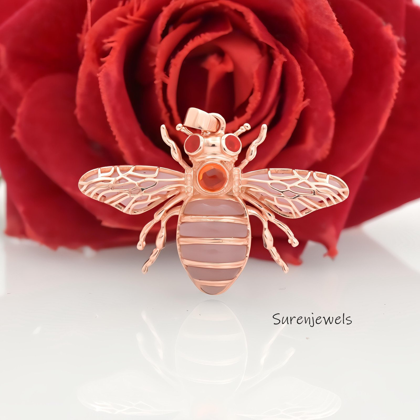 14k Gold Gemstone Bee Pendant: Dainty Opal Honey Bee Charm - View 6 - Suren Jewels | SKU: SJP4476-SLYGMK-30M,SJP4442-SLRGEOOP 14k Gold Gemstone Bee Pendant: Dainty Opal Honey Bee Charm - View 6 - Suren Jewels | SKU: SJP4476-SLYGMK-30M,SJP4442-SLRGEOOP