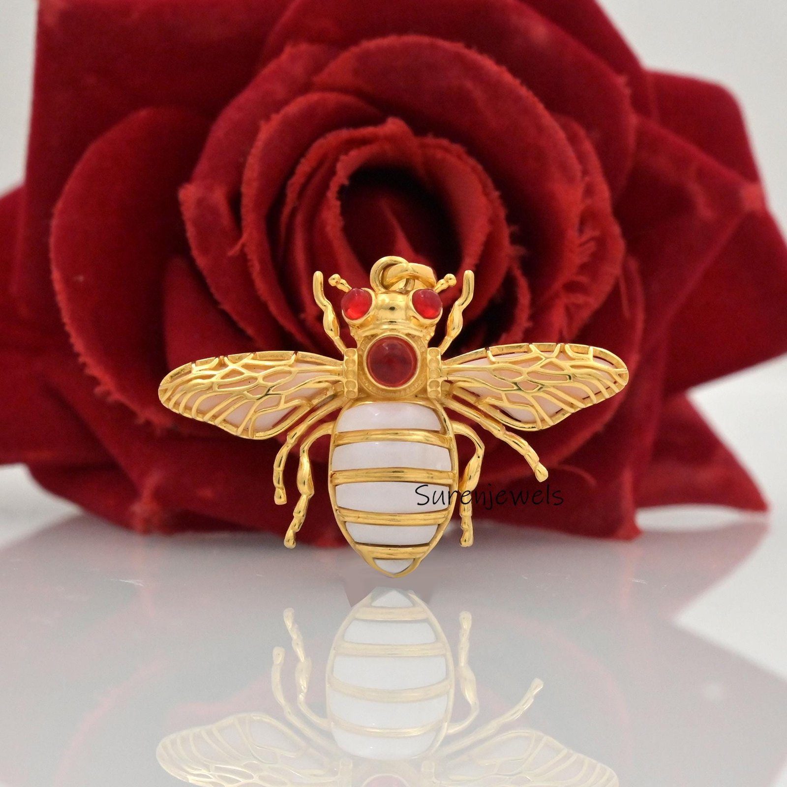 14k Gold Gemstone Bee Pendant: Dainty Opal Honey Bee Charm - View 7 - Suren Jewels | SKU: SJP4476-SLYGMK-30M,SJP4442-SLRGEOOP 14k Gold Gemstone Bee Pendant: Dainty Opal Honey Bee Charm - View 7 - Suren Jewels | SKU: SJP4476-SLYGMK-30M,SJP4442-SLRGEOOP