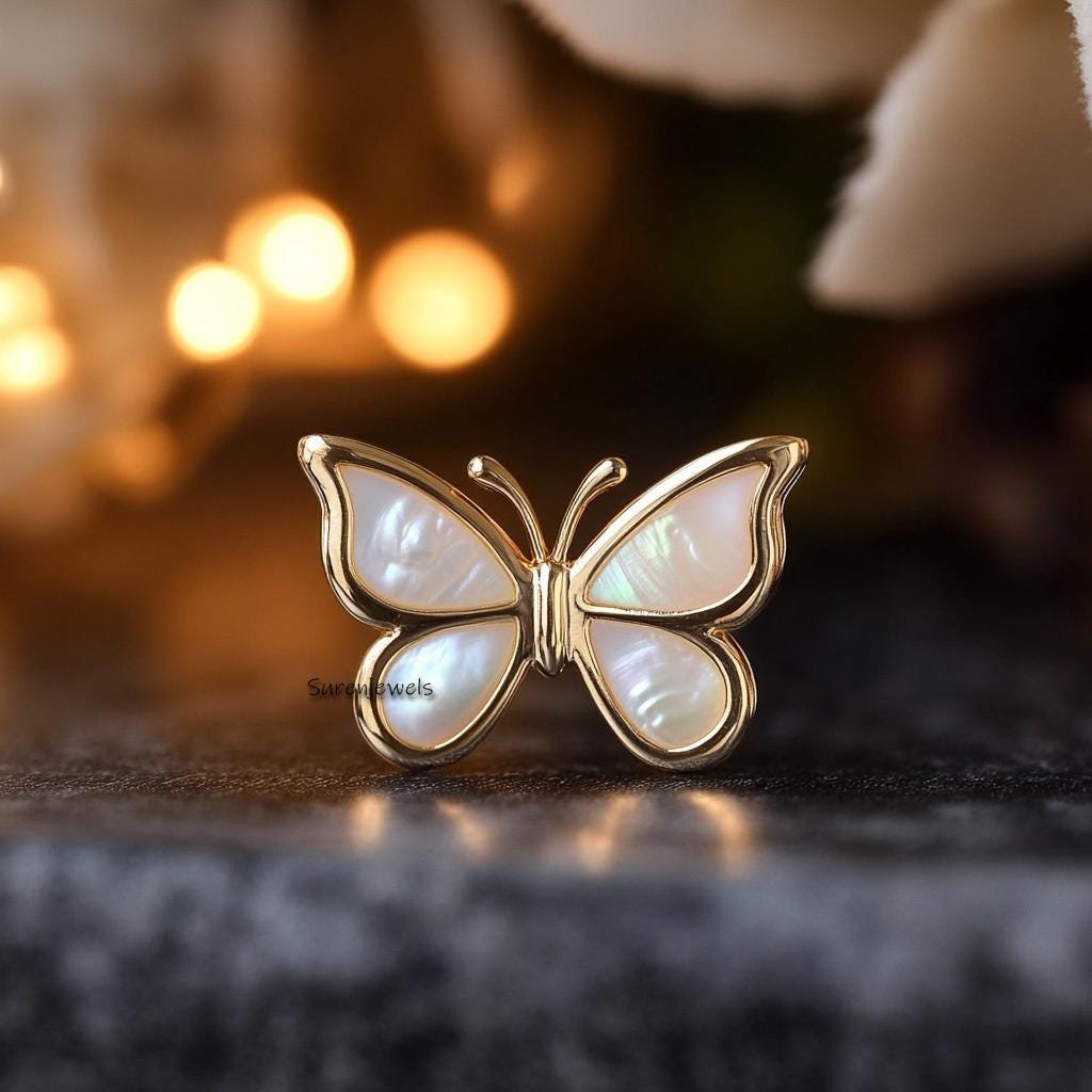 14k Gold Gemstone Butterfly Earrings: Mother of Pearl butterfly Studs - View 2 - Suren Jewels | SKU: SJE 14k Gold Gemstone Butterfly Earrings: Mother of Pearl butterfly Studs - View 2 - Suren Jewels | SKU: SJE
