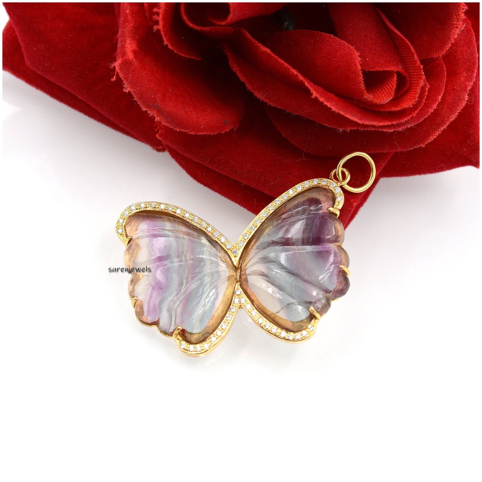 14k Gold Gemstone Butterfly Pendant: Pave Moissanite Accent - Suren Jewels | SKU: SJP1456-SLYGTLMN 14k Gold Gemstone Butterfly Pendant: Pave Moissanite Accent - Suren Jewels | SKU: SJP1456-SLYGTLMN