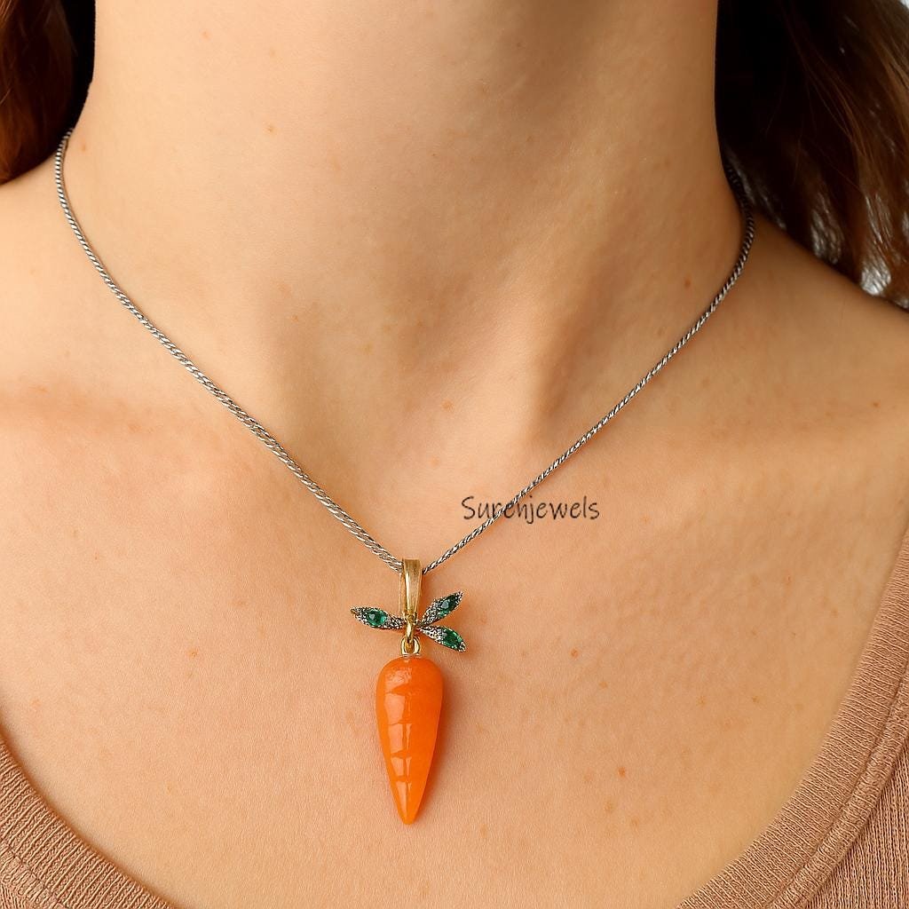 14K Gold Gemstone Carrot Pendant: Handmade Designer Charm - View 2 - Suren Jewels | SKU: SJP5543-SLYGRHOCRGCZ-20M 14K Gold Gemstone Carrot Pendant: Handmade Designer Charm - View 2 - Suren Jewels | SKU: SJP5543-SLYGRHOCRGCZ-20M
