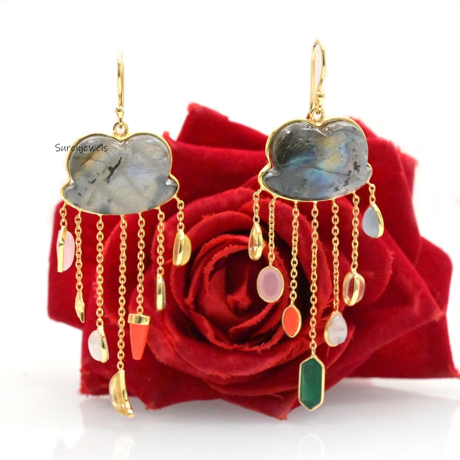 14K Gold Gemstone Cloud Dangle Earrings, Rainy Cloud Design - Suren Jewels | SKU: SJE1037-SLYGMSMTCS 14K Gold Gemstone Cloud Dangle Earrings, Rainy Cloud Design - Suren Jewels | SKU: SJE1037-SLYGMSMTCS