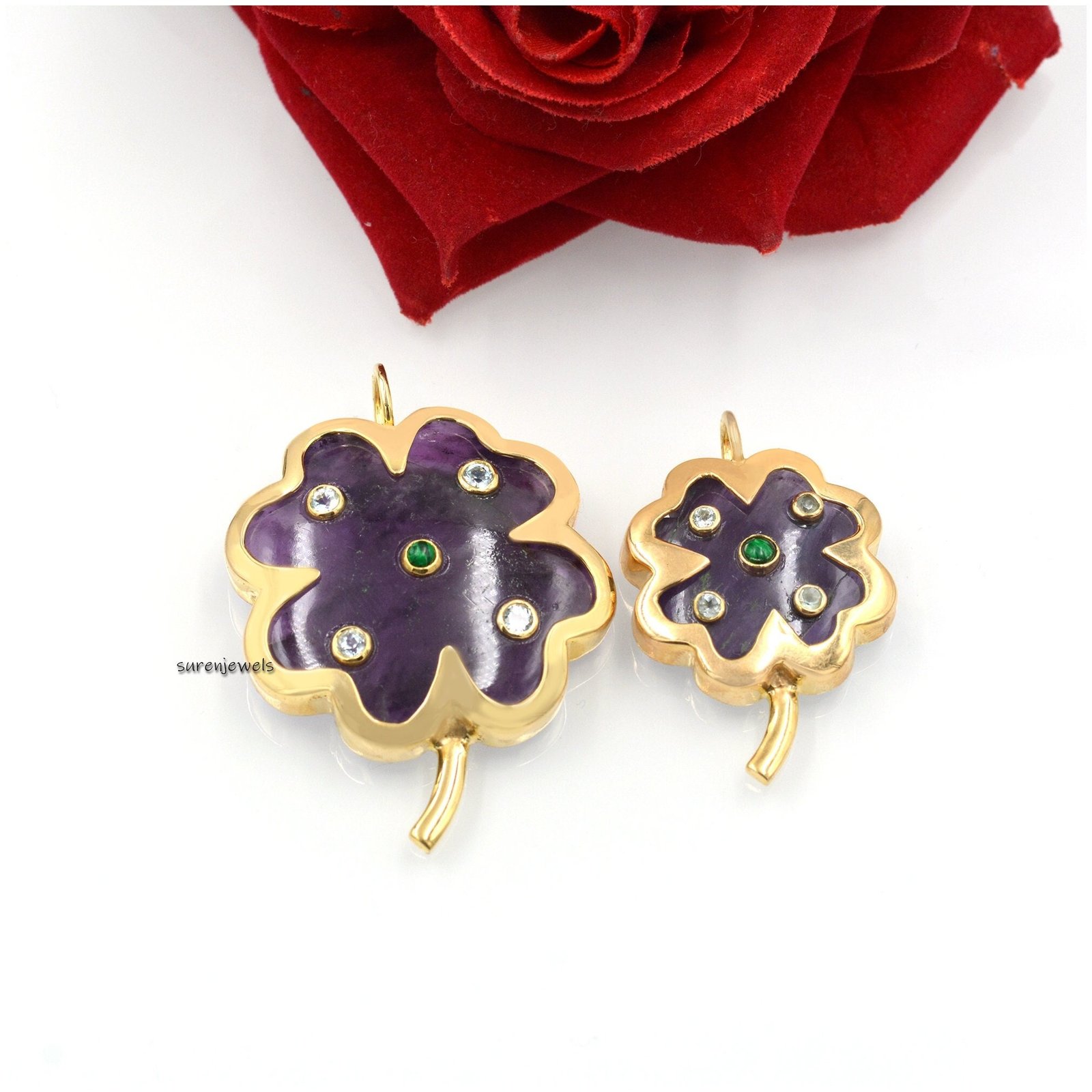14K Gold Gemstone Clover Pendant: Gemstone Four Leaf Clover - View 2 - Suren Jewels | SKU: SJP1173-SLYGTQBTMK 14K Gold Gemstone Clover Pendant: Gemstone Four Leaf Clover - View 2 - Suren Jewels | SKU: SJP1173-SLYGTQBTMK
