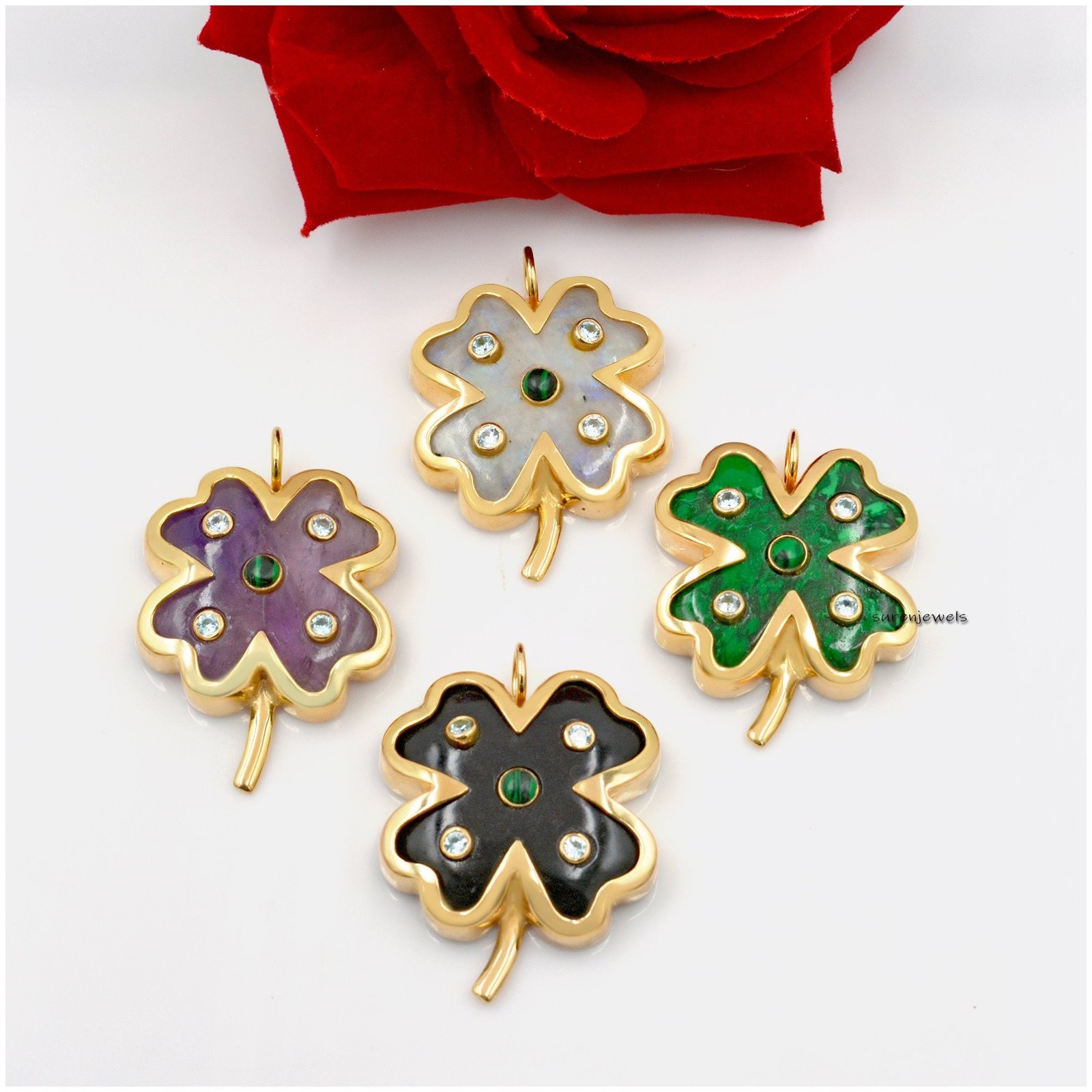 14K Gold Gemstone Clover Pendant: Gemstone Four Leaf Clover - View 3 - Suren Jewels | SKU: SJP1173-SLYGTQBTMK 14K Gold Gemstone Clover Pendant: Gemstone Four Leaf Clover - View 3 - Suren Jewels | SKU: SJP1173-SLYGTQBTMK
