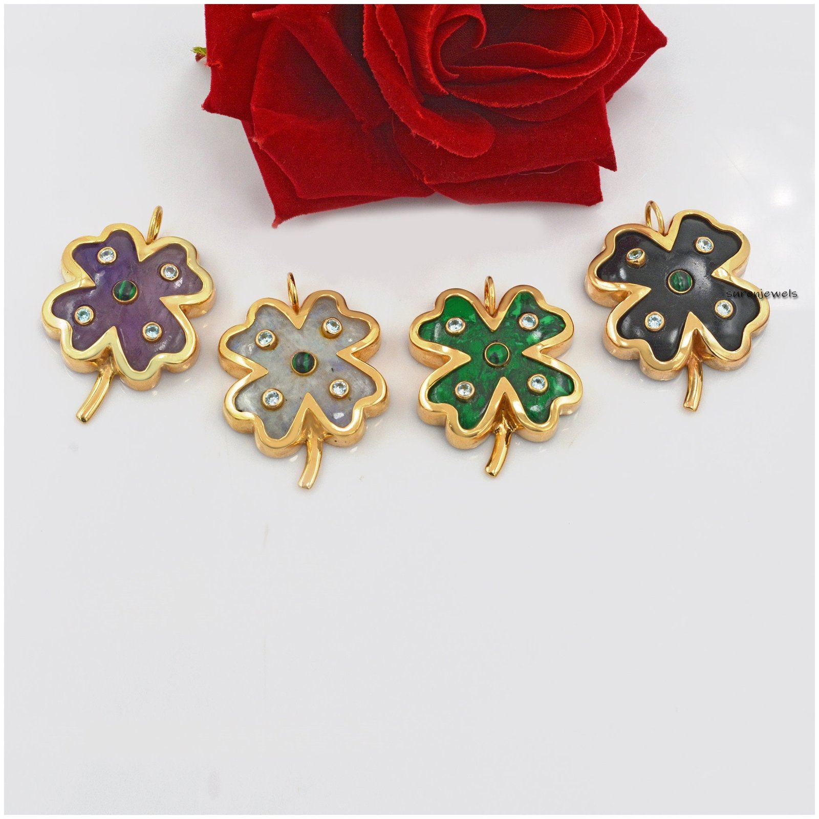 14K Gold Gemstone Clover Pendant: Gemstone Four Leaf Clover - View 6 - Suren Jewels | SKU: SJP1173-SLYGTQBTMK 14K Gold Gemstone Clover Pendant: Gemstone Four Leaf Clover - View 6 - Suren Jewels | SKU: SJP1173-SLYGTQBTMK