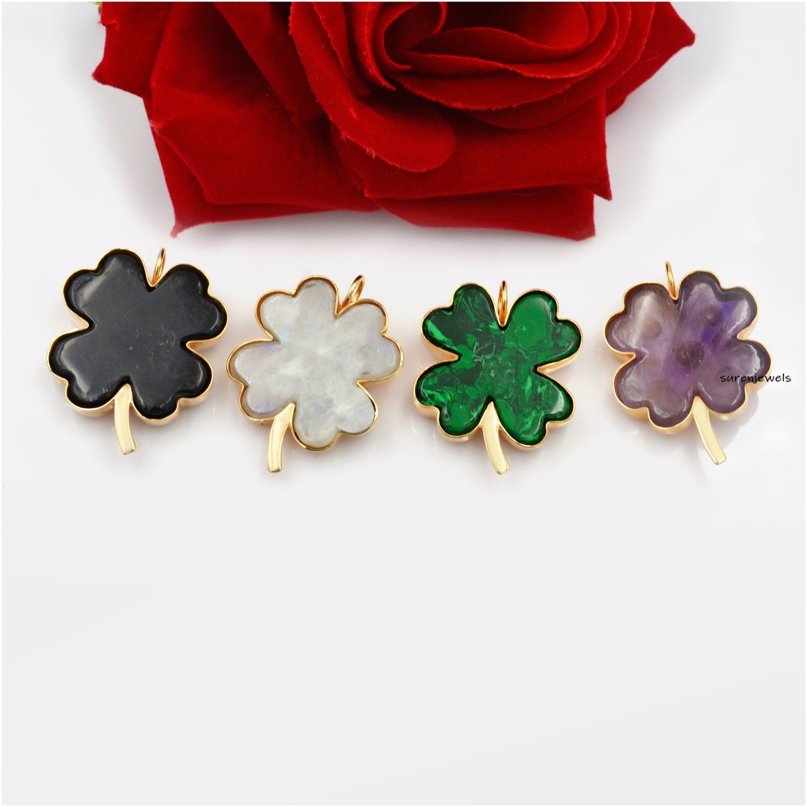 14K Gold Gemstone Clover Pendant: Gemstone Four Leaf Clover - View 7 - Suren Jewels | SKU: SJP1173-SLYGTQBTMK 14K Gold Gemstone Clover Pendant: Gemstone Four Leaf Clover - View 7 - Suren Jewels | SKU: SJP1173-SLYGTQBTMK