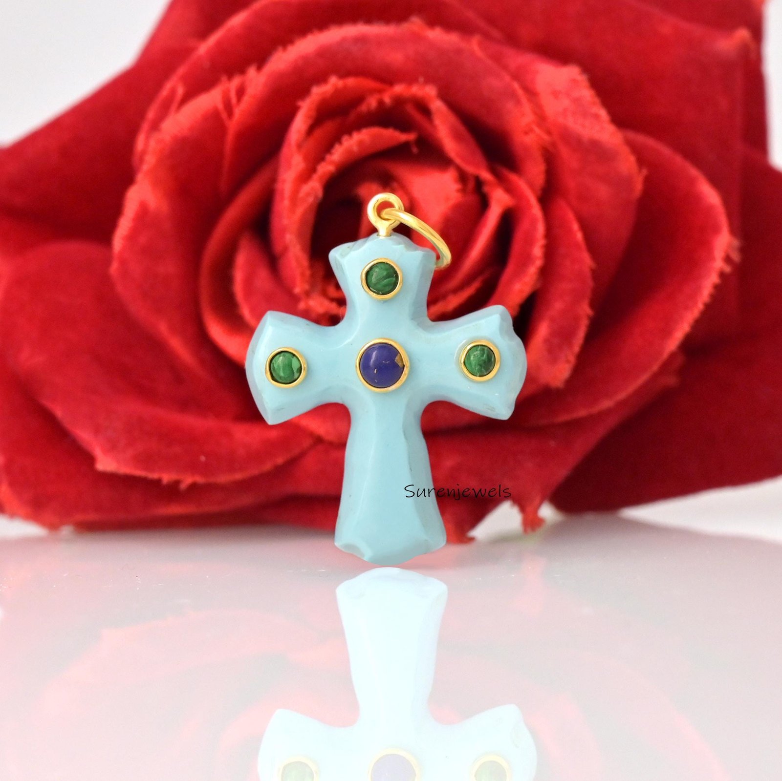 14k Gold Gemstone Cross Pendant, Hand Carved 925 Silver Setting - Suren Jewels | SKU: SJP5142-SLYGTQLPZMK-35M 14k Gold Gemstone Cross Pendant, Hand Carved 925 Silver Setting - Suren Jewels | SKU: SJP5142-SLYGTQLPZMK-35M