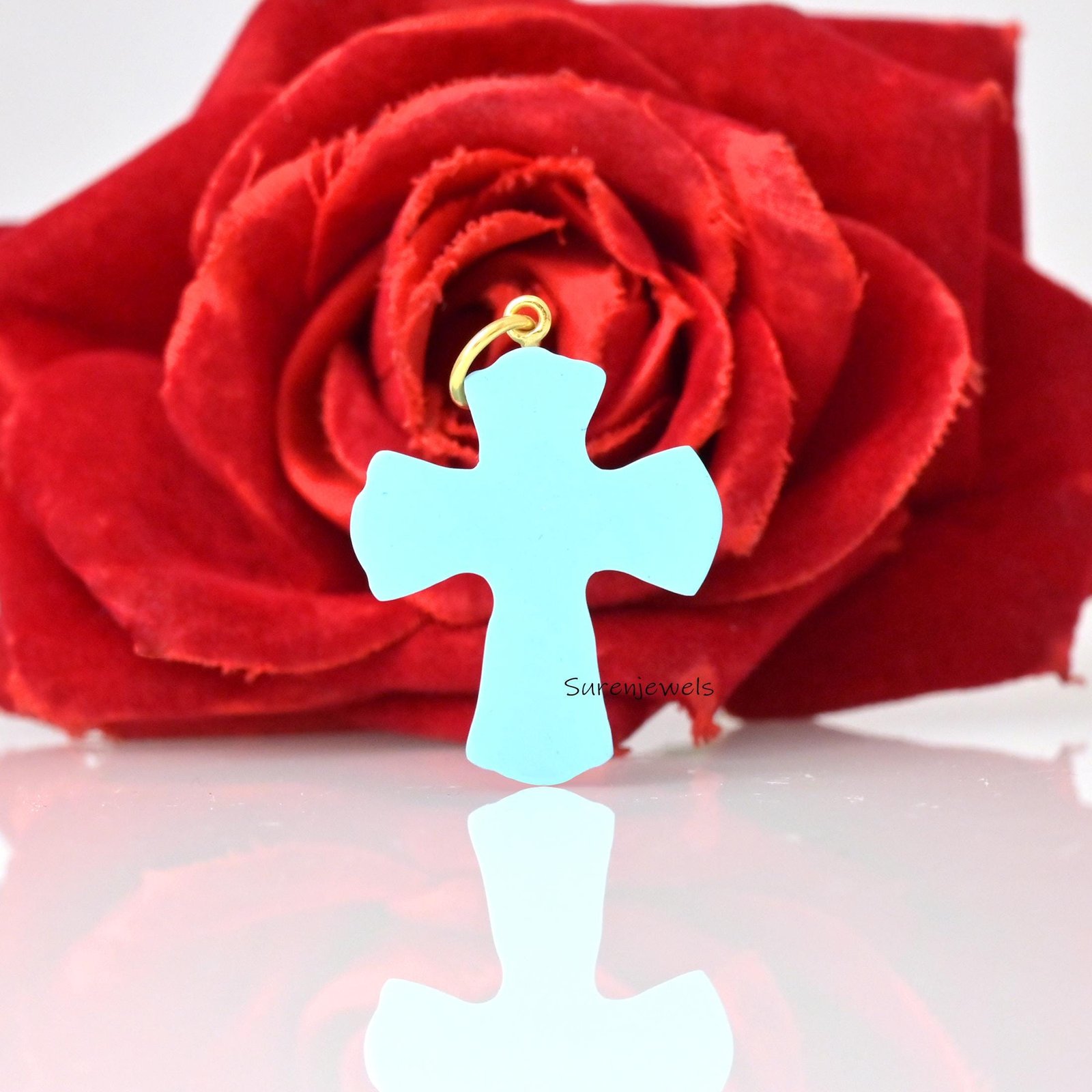 14k Gold Gemstone Cross Pendant, Hand Carved 925 Silver Setting - View 2 - Suren Jewels | SKU: SJP5142-SLYGTQLPZMK-35M 14k Gold Gemstone Cross Pendant, Hand Carved 925 Silver Setting - View 2 - Suren Jewels | SKU: SJP5142-SLYGTQLPZMK-35M