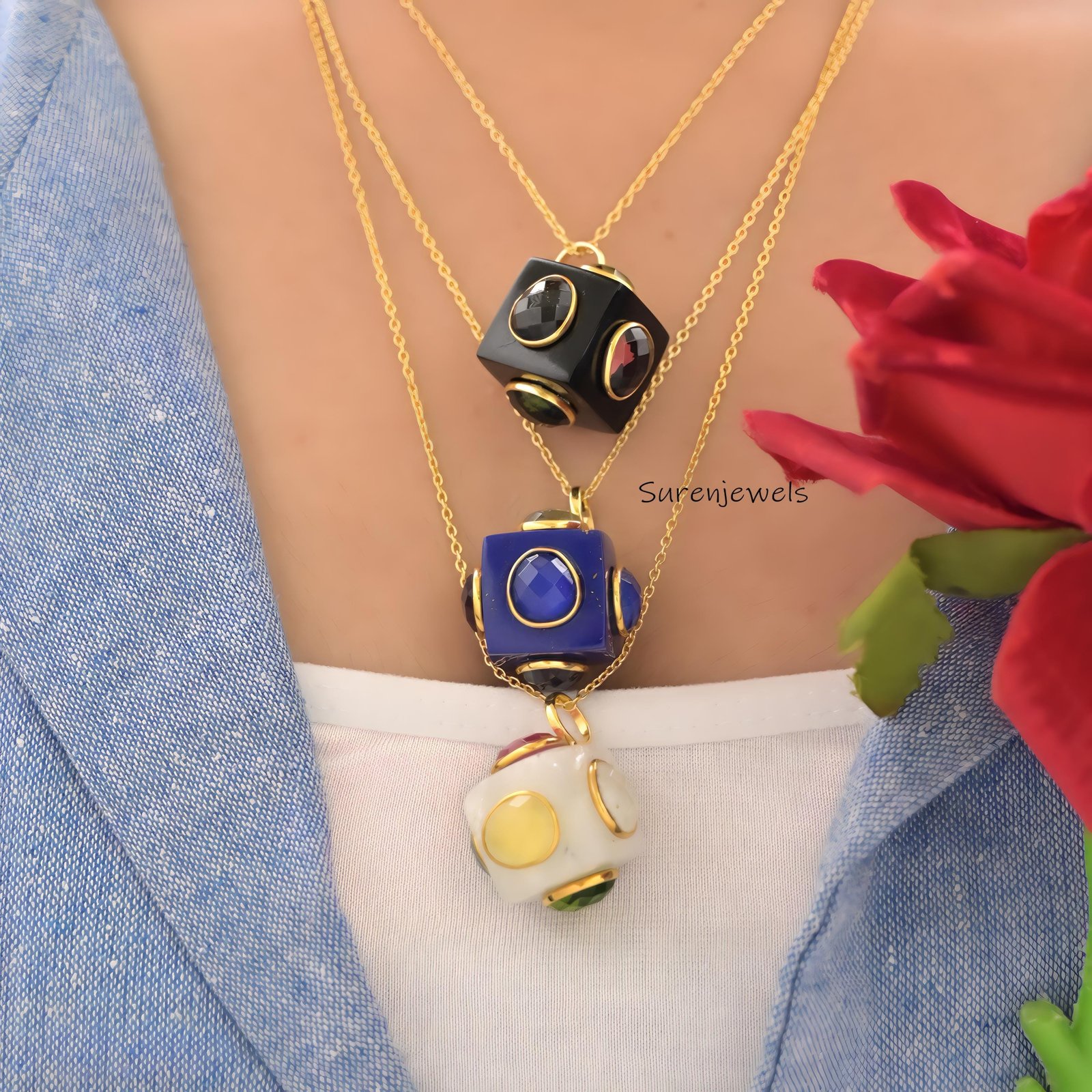 14K Gold Gemstone Cube Pendant - Handmade Multi Gemstone Dice Jewelry - View 2 - Suren Jewels | SKU: SJP5062 14K Gold Gemstone Cube Pendant - Handmade Multi Gemstone Dice Jewelry - View 2 - Suren Jewels | SKU: SJP5062