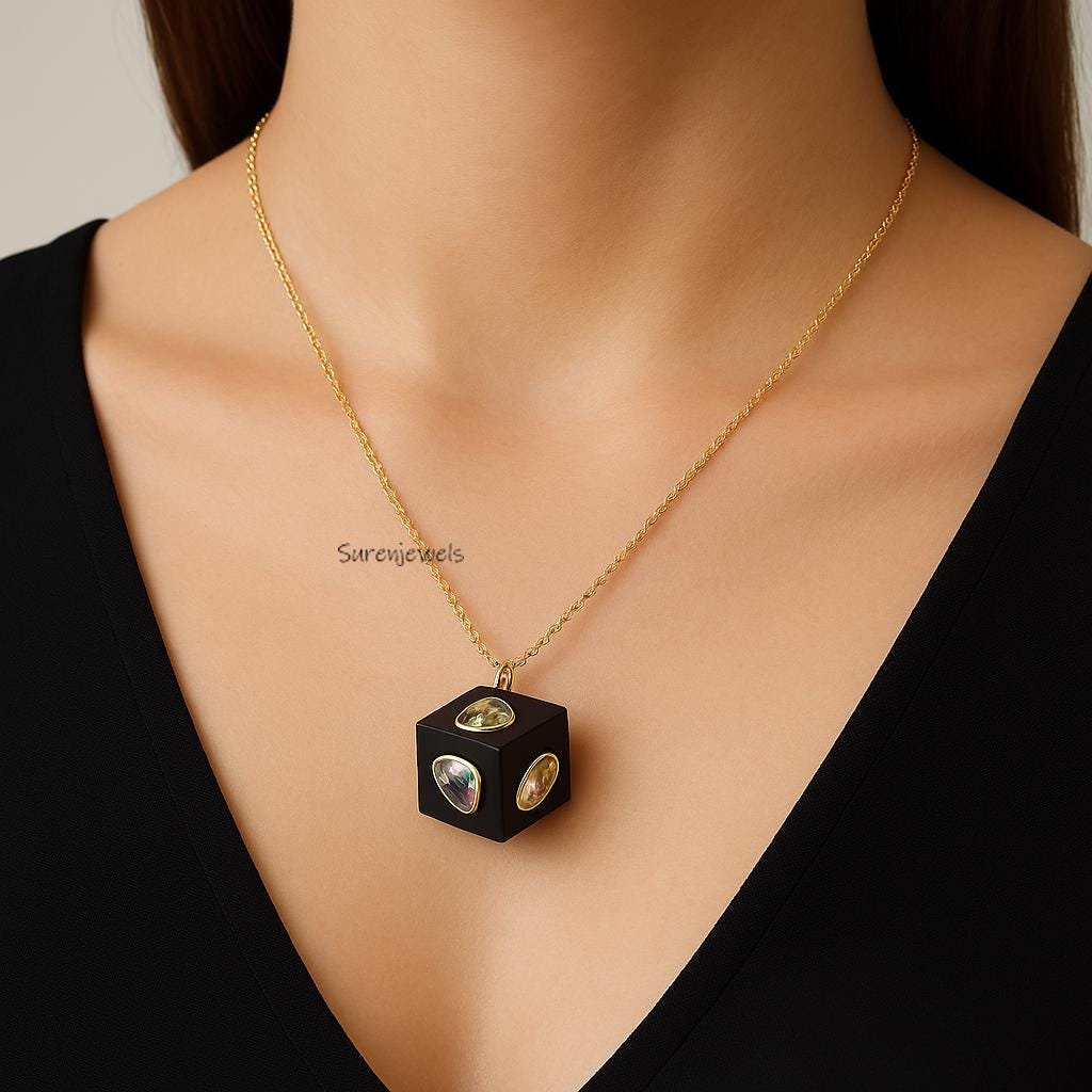 14K Gold Gemstone Cube Pendant - Handmade Multi Gemstone Dice Jewelry - View 3 - Suren Jewels | SKU: SJP5062 14K Gold Gemstone Cube Pendant - Handmade Multi Gemstone Dice Jewelry - View 3 - Suren Jewels | SKU: SJP5062